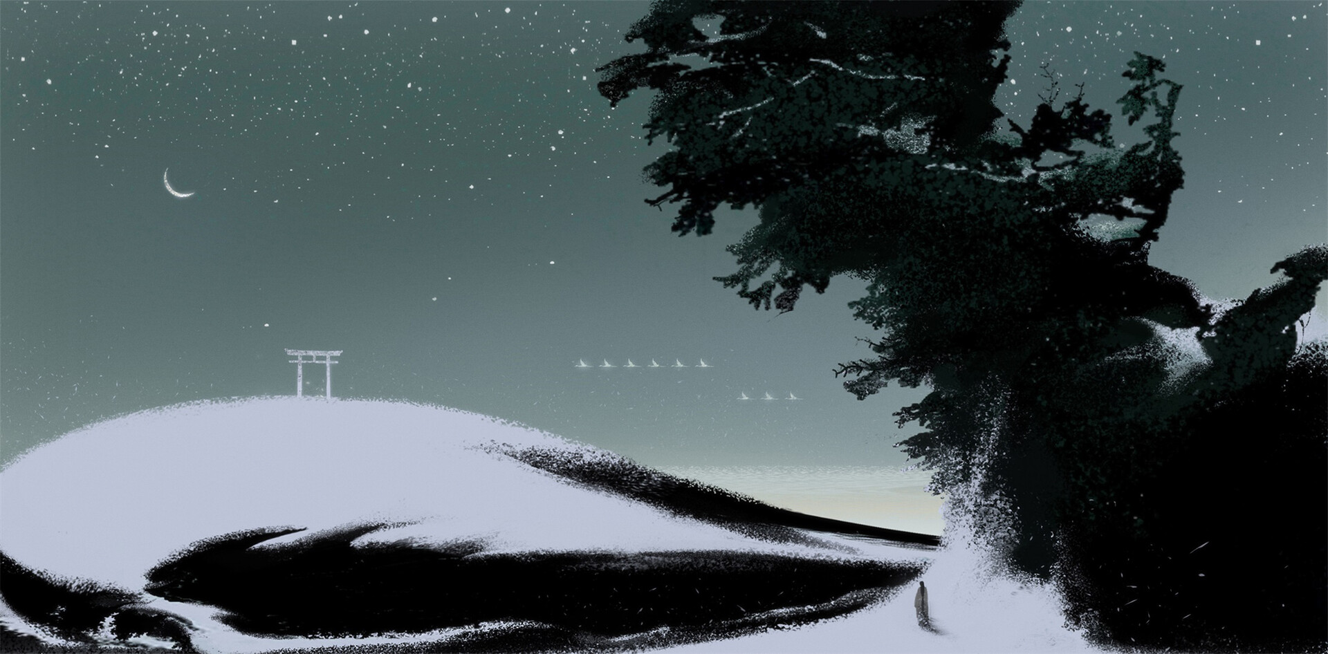 Li Ming Digital Art Abstract Landscape Crescent Moon Starry Night Birds Snow Shinto Stars 1920x946