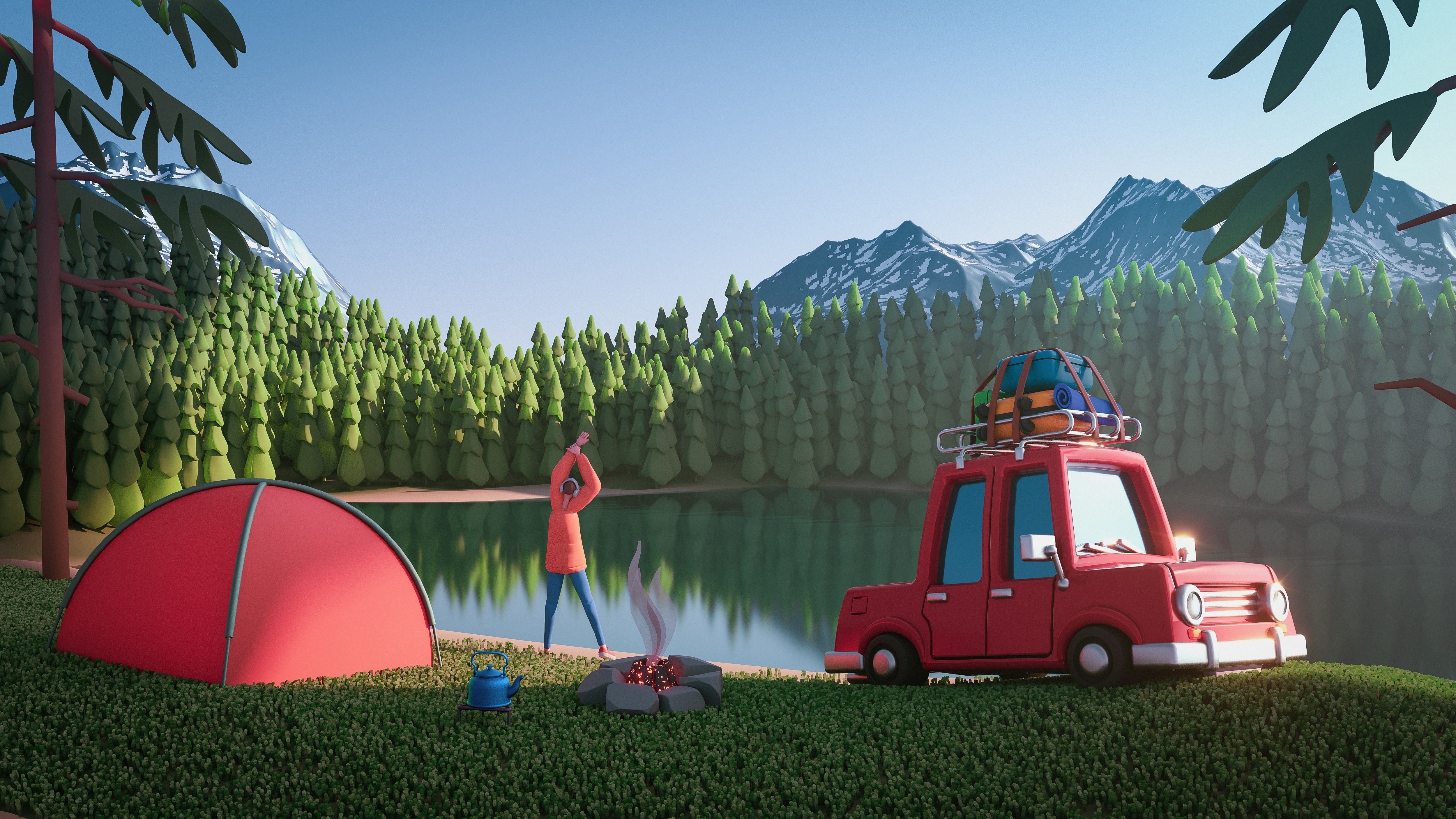 3D Forest Car River Mountains Render Men Artwork Nature Trees Red Cars Tent Green Lake Outdoors Cart 5000x2812