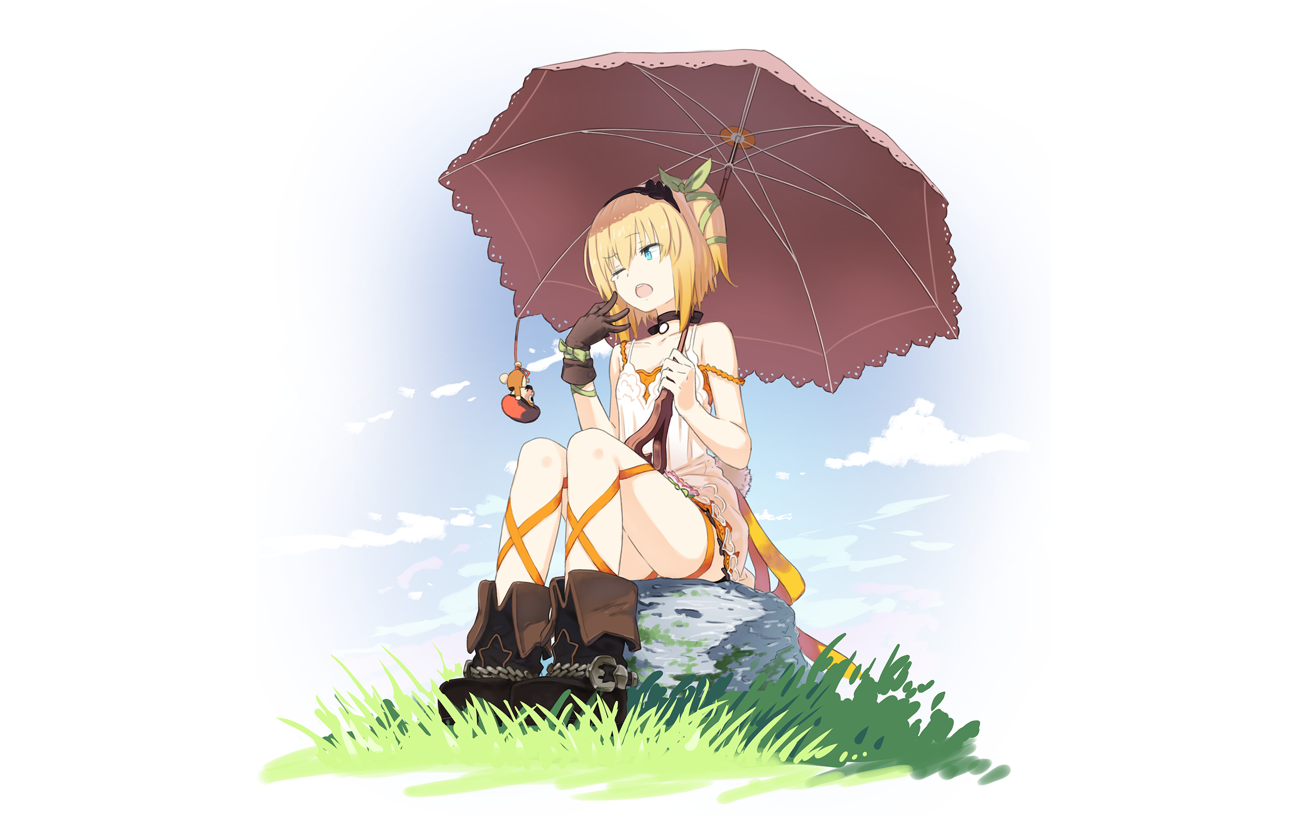 Tales Of Zestiria Anime Anime Girls Umbrella Sitting Women Outdoors One Eye Closed Aqua Eyes Blonde  2560x1600