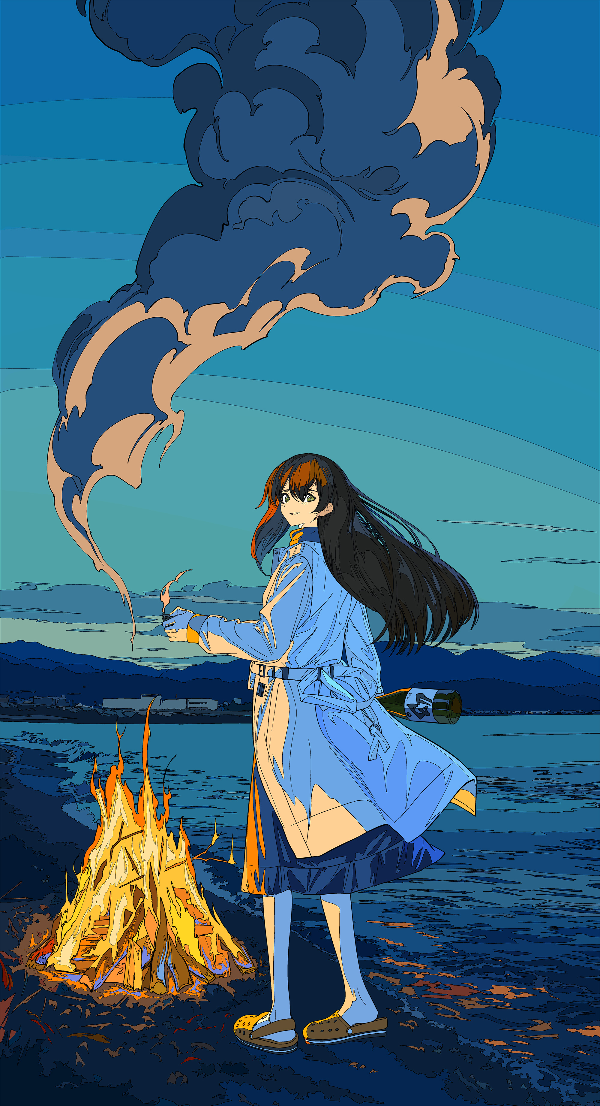 Anime Cogecha Artwork Anime Girls Beach Fire Smoke 2000x3684