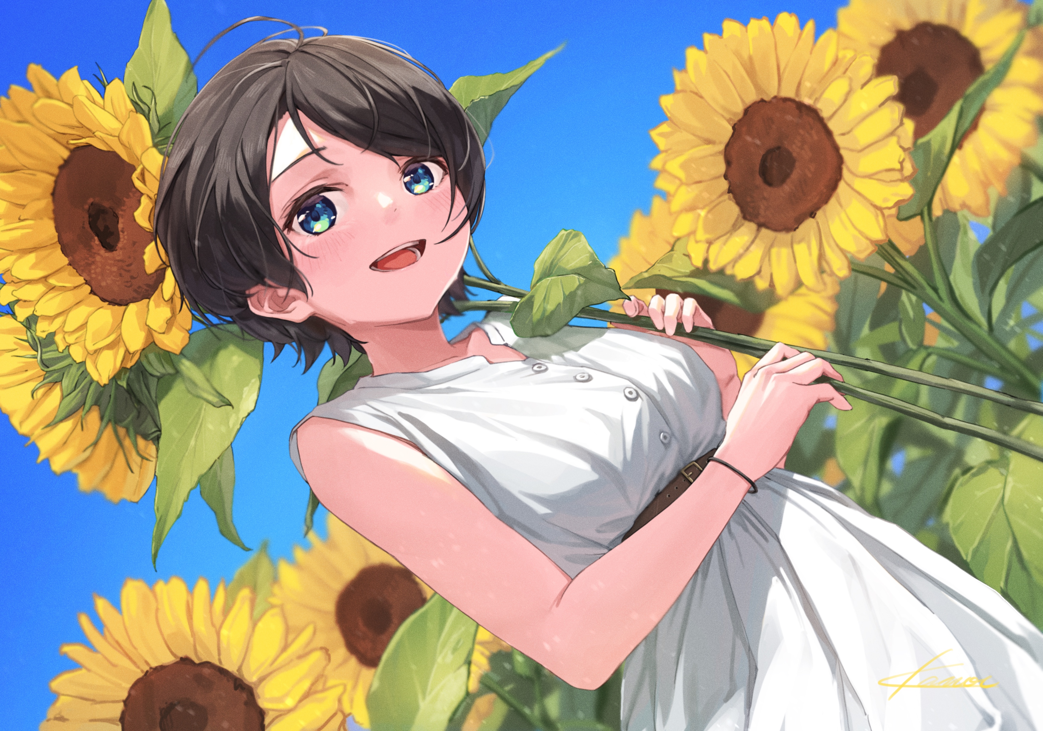 Anime Anime Girls Hololive Virtual Youtuber Oozora Subaru Short Hair Black Hair Blue Eyes Dress Sun  3500x2453