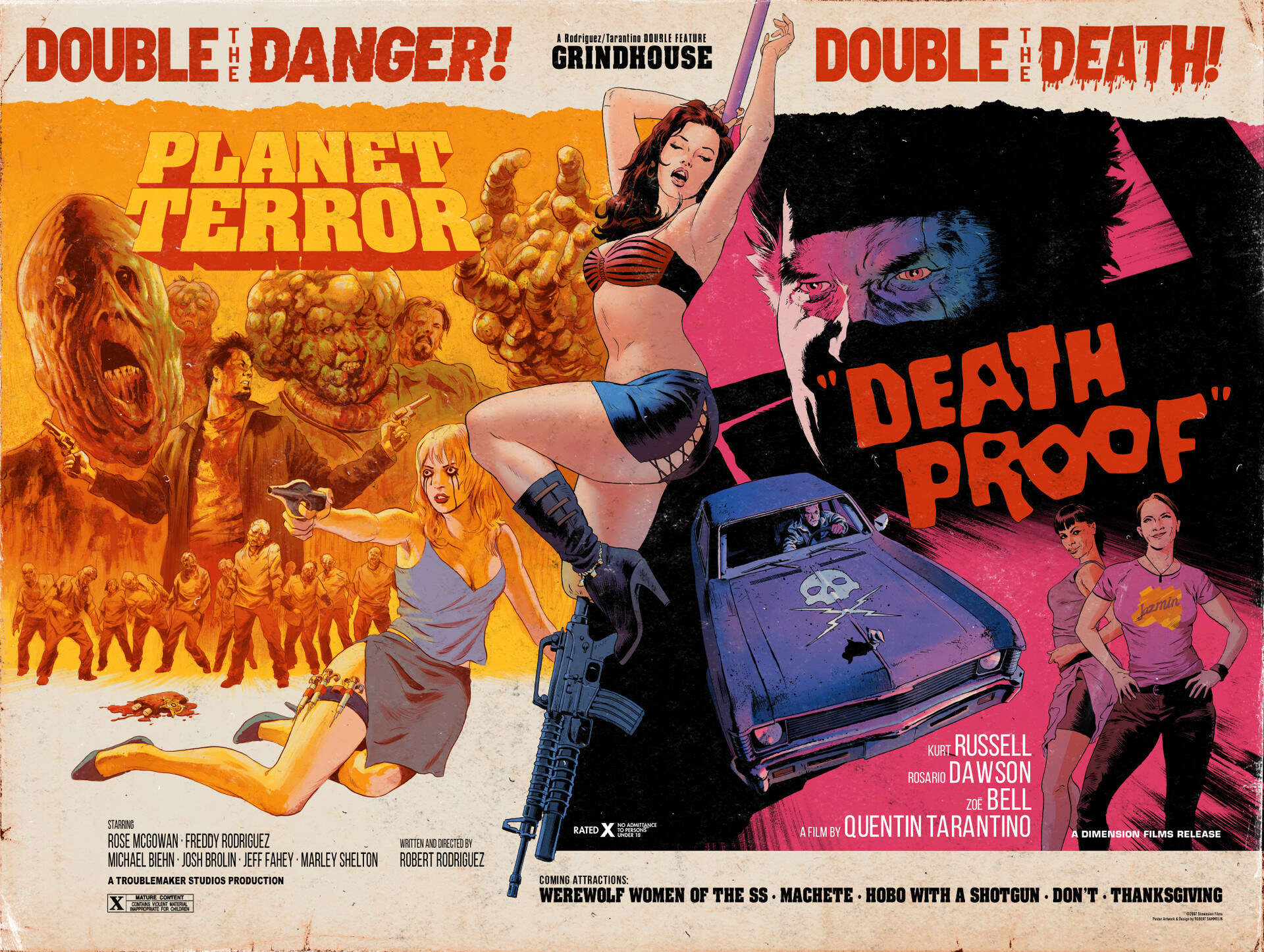 Movie Poster Artwork Digital Art Movies Zombies Death Proof Planet Terror Grindhouse 1920x1446