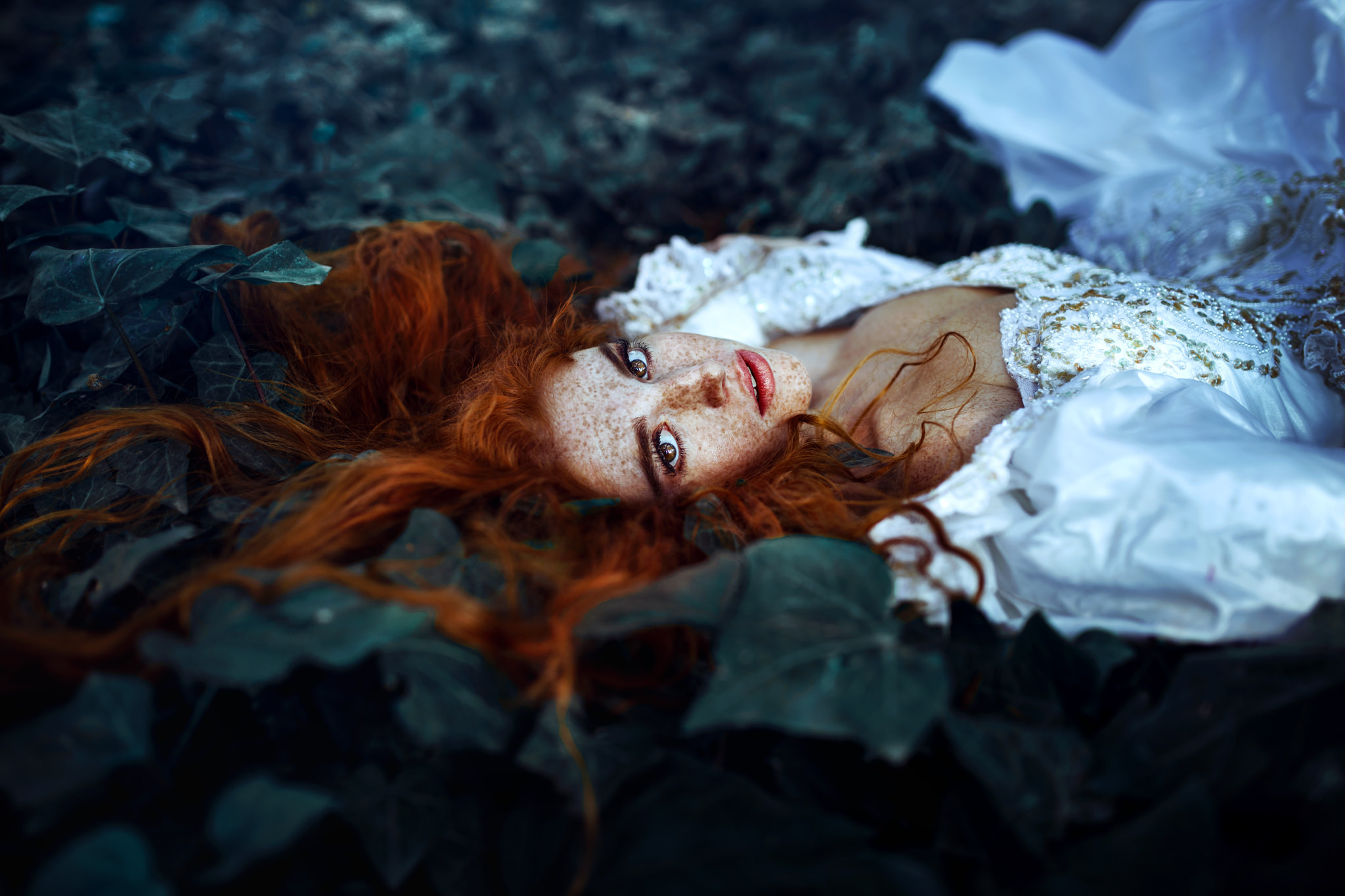 Redhead Freckles Leaf Brown Eyes Lying Down White Dress Girl Woman 2048x1365