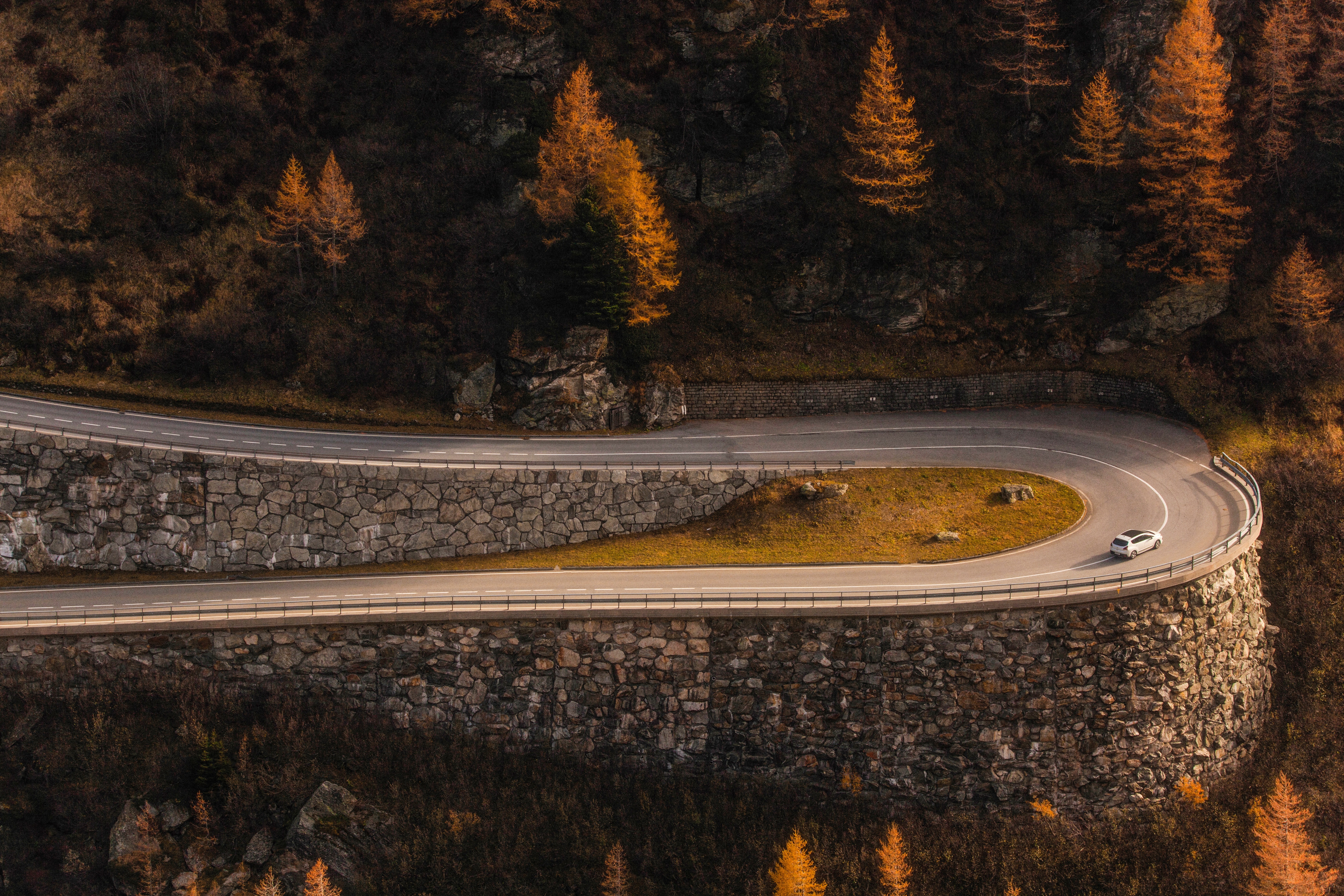 Forest Fall Road Car Mountain Pass Mountains Trees Stone Landscape Switzerland Pine Trees 5616x3744