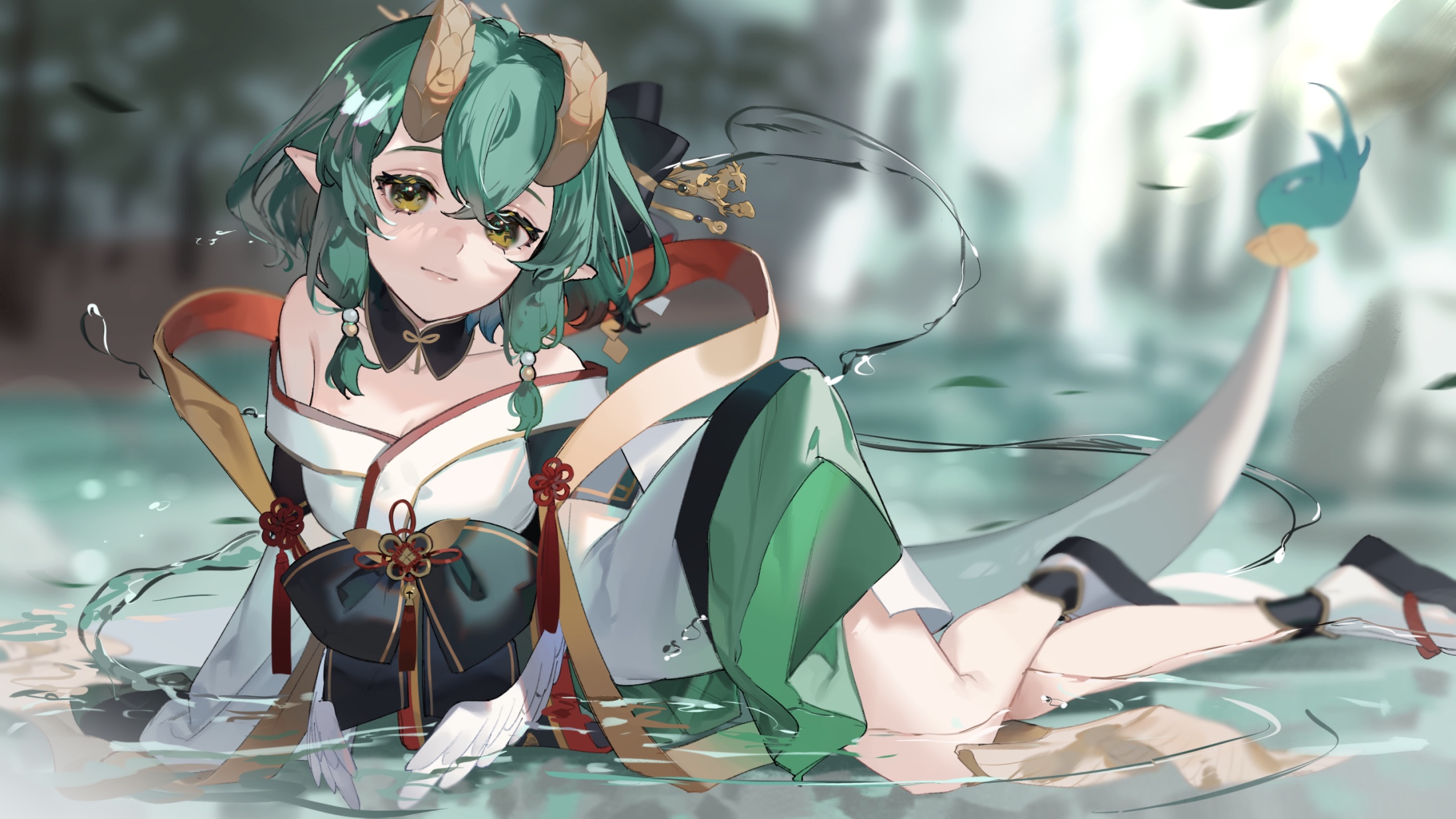 Anime Anime Girls Zumizumi1254 Artwork Horns Tail Pointy Ears Japanese Clothes In Water 2194x1234