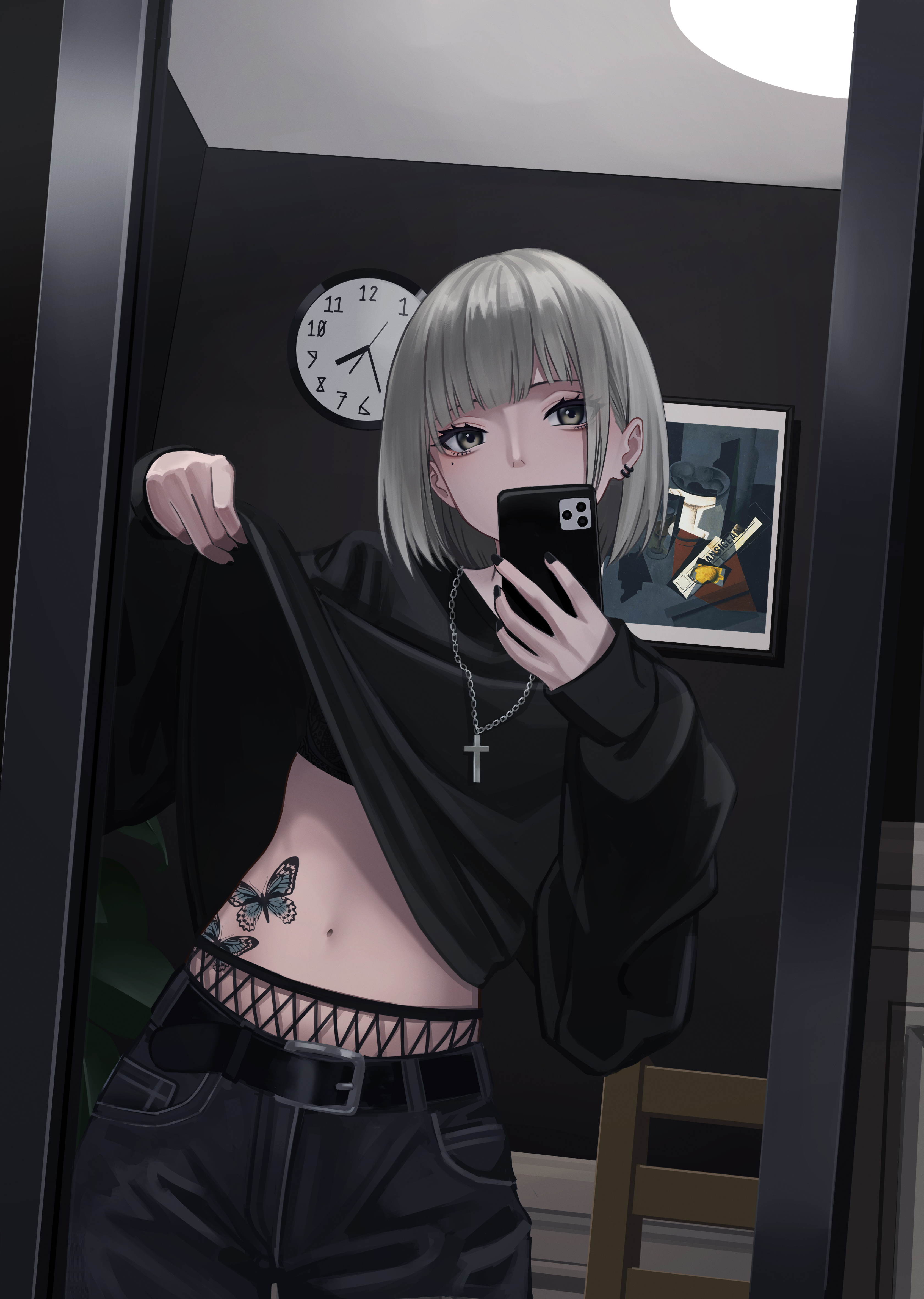 Looking At Viewer Digital Digital Art Anime Anime Girls Butterfly Cross Selfies Silver Hair Pants Be 3362x4725