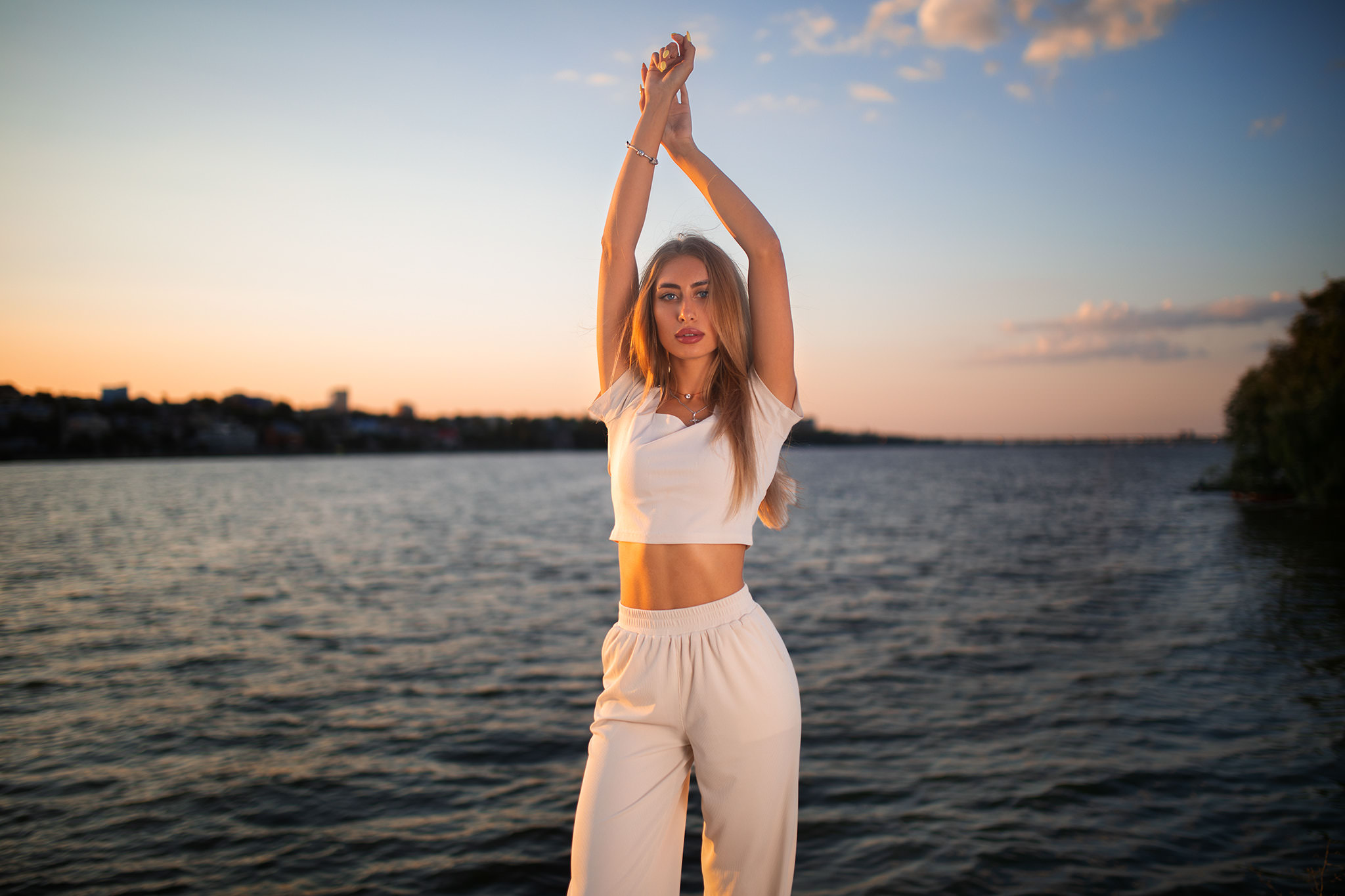 Women Blonde Dmitry Sn Arms Up River Sunset Women Outdoors White Clothing Crucifix Necklace Blue Eye 2048x1365