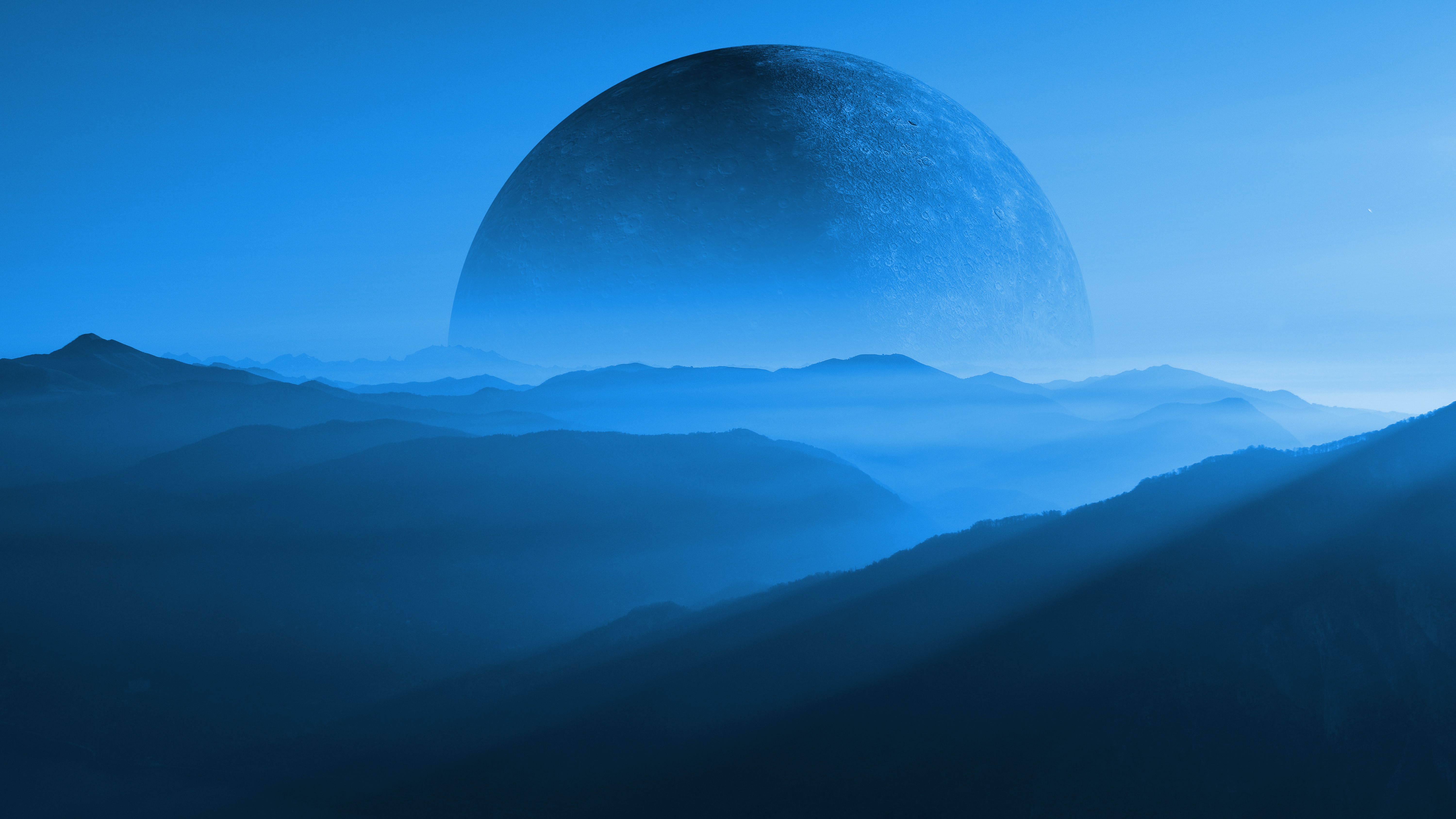 Mountains 3D Render Planet Moon Science Fiction Blue Mist Landscape 6000x3375