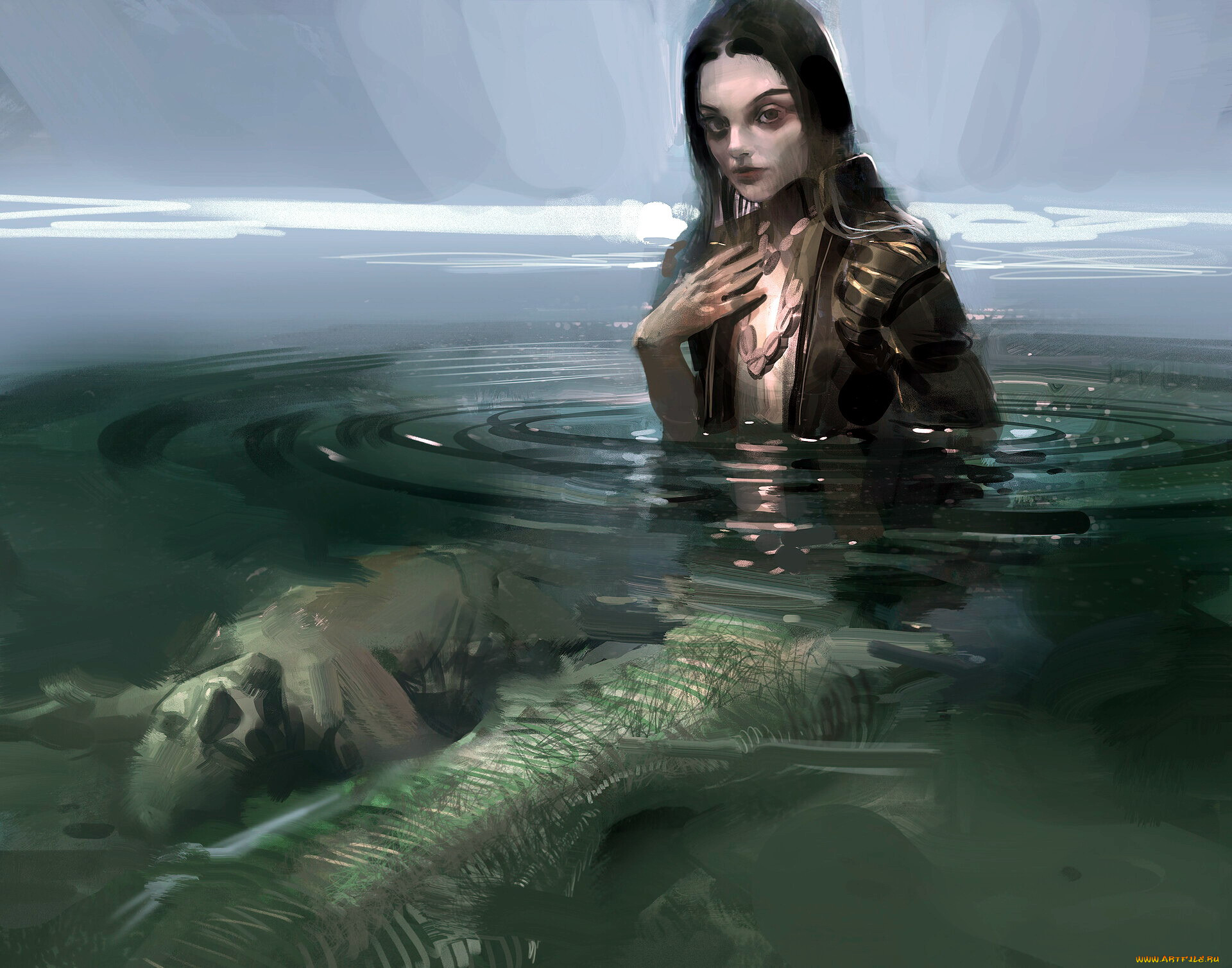Fantasy Art Fantasy Girl Mermaids Creature In Water Corpse Looking At Viewer Dark Hair Water Ripples 1920x1508