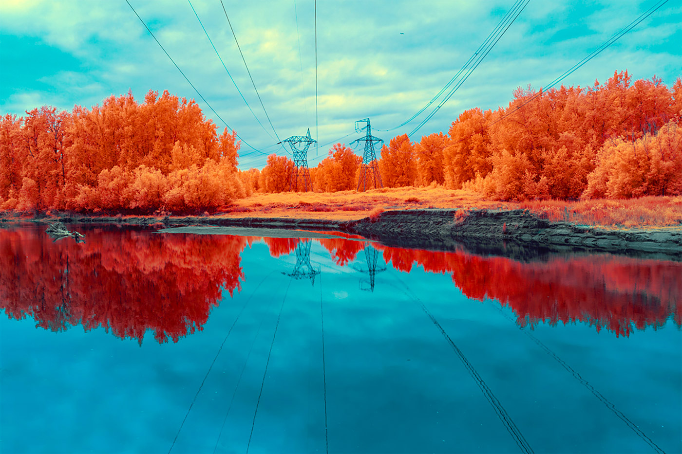 Nature Landscape Reflection Infrared Trees Forest Lake Utility Pole Electricity 1400x933
