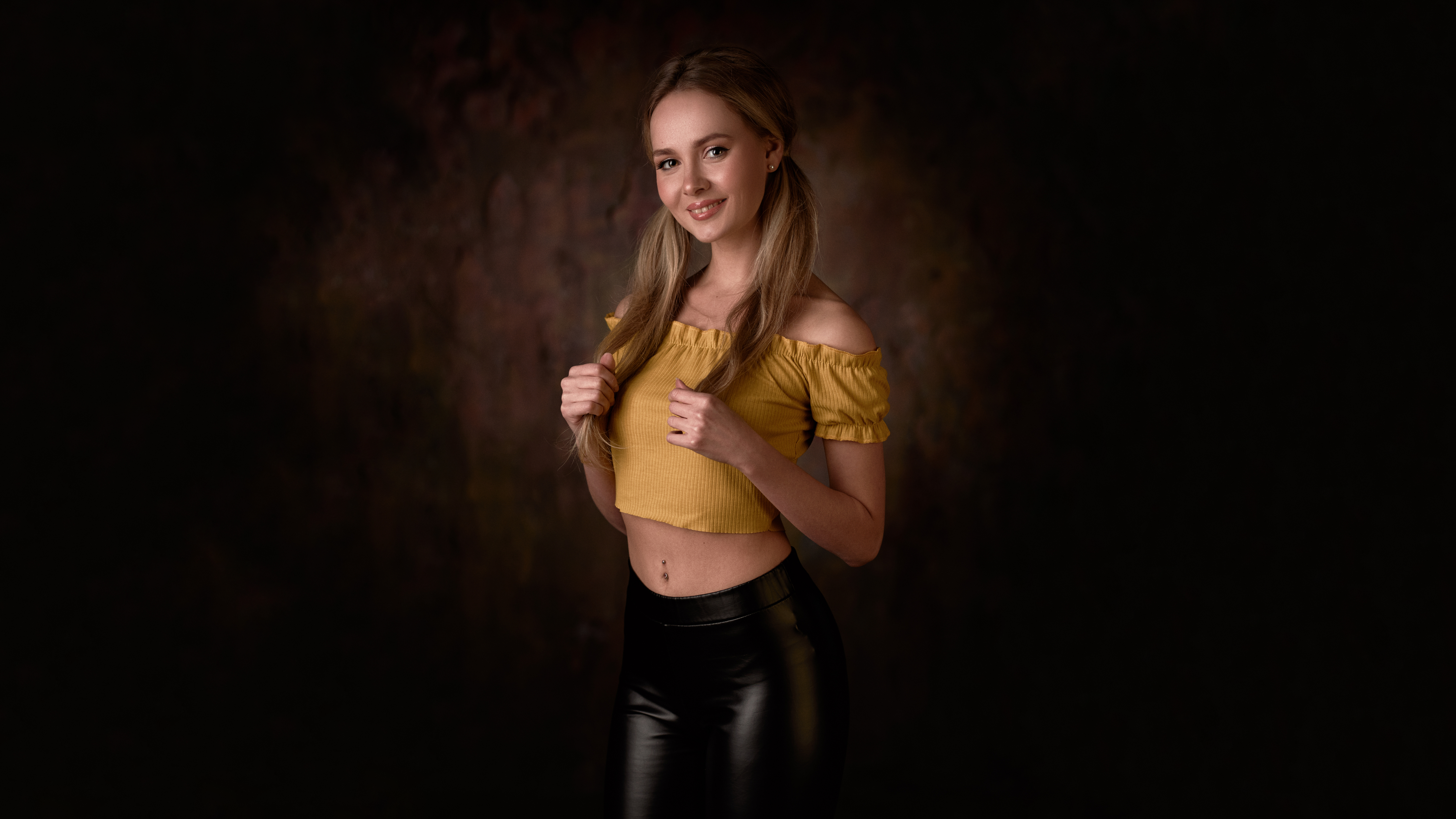 Katya Khalpert Max Pyzhik Women Model Blonde Twintails Bare Shoulders Yellow Tops Smiling Dark Backg 4444x2500
