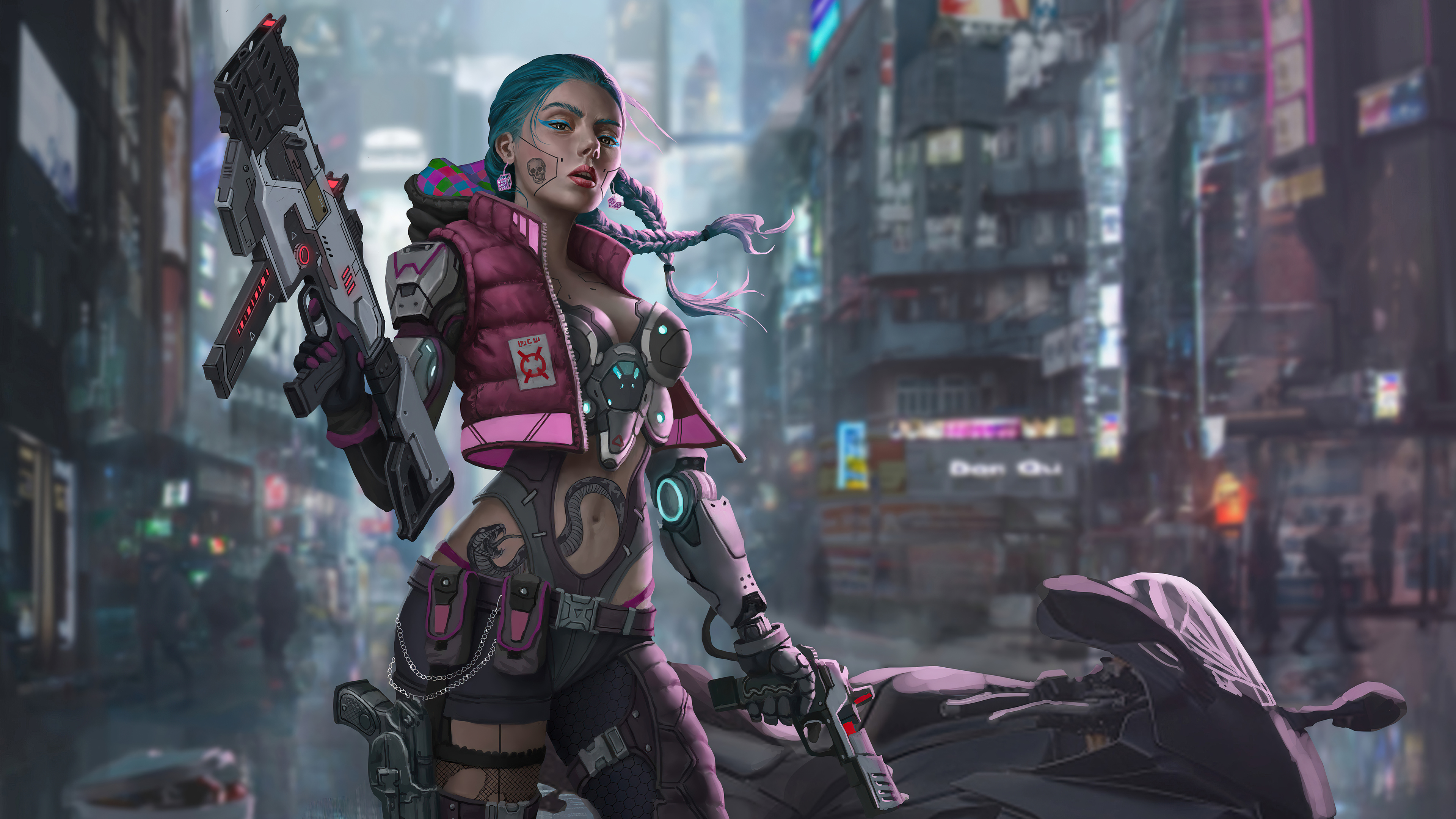 Cyborg Cyberpunk Futuristic City Women Weapon Motorcycle Artwork Depth Of Field 3840x2160