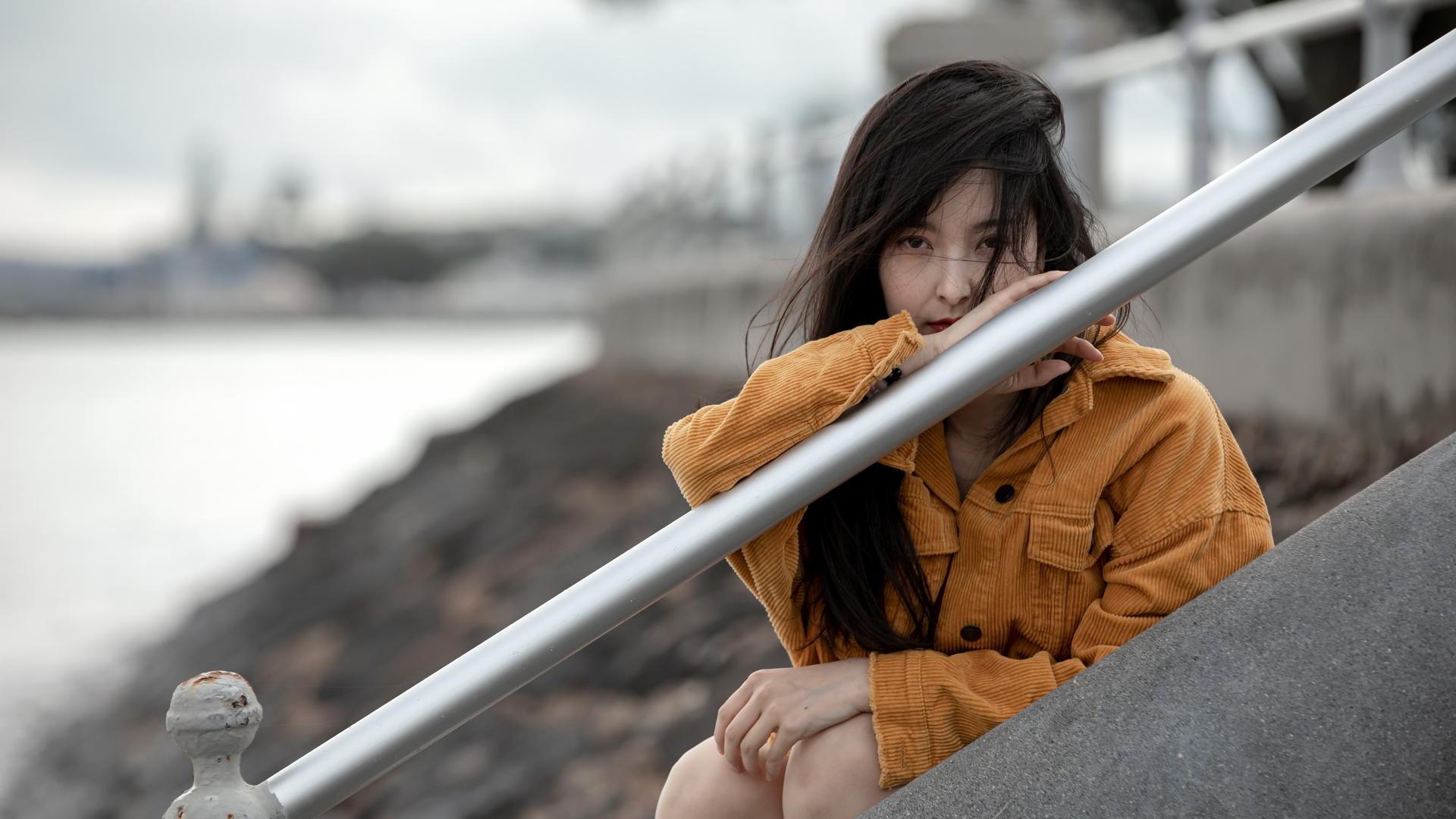 Asian Model Women Women Outdoors Long Hair Dark Hair Depth Of Field Sitting Railings Stairs Jacket L 1920x1080