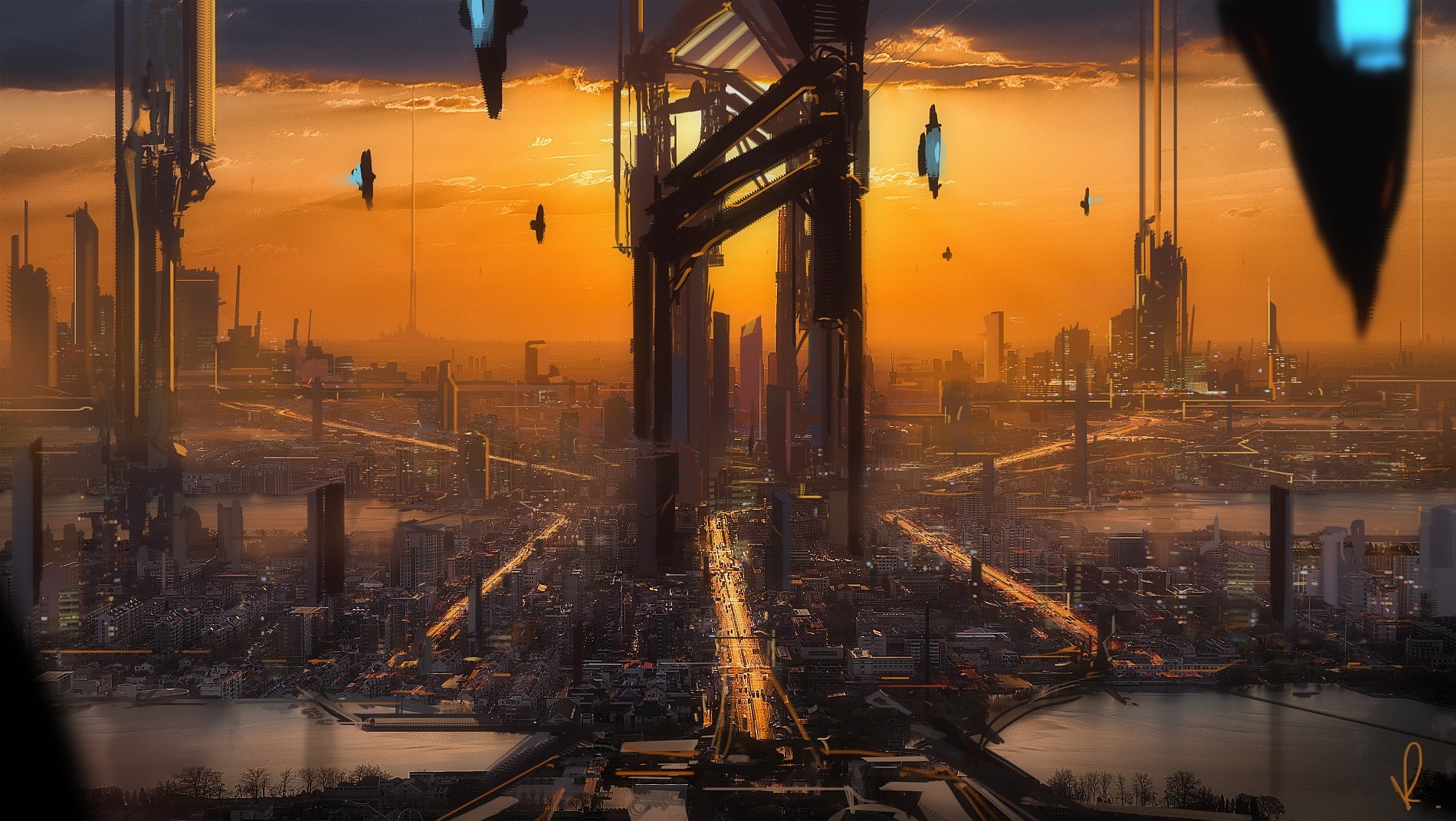 Marcin Rubinkowski Futuristic City Sunset Cyberpunk Skyscraper Tower Road 1900x1071