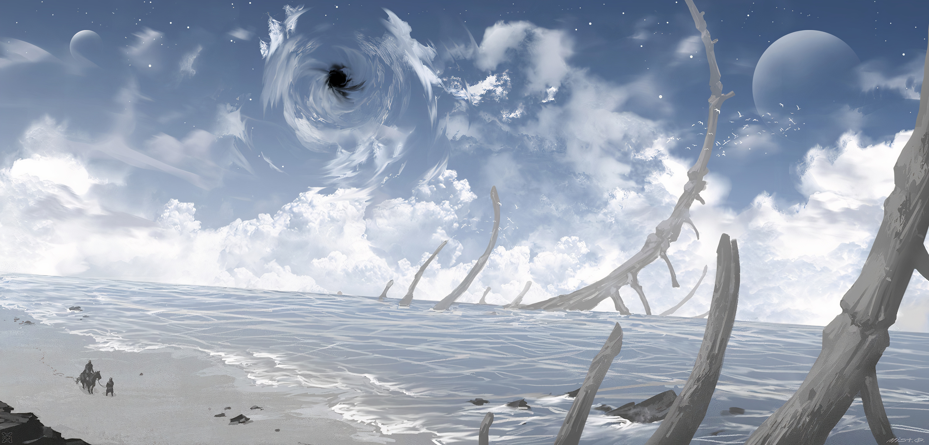 Mist XG Digital Art Fantasy Art Water Clouds Beach Bones 3000x1438