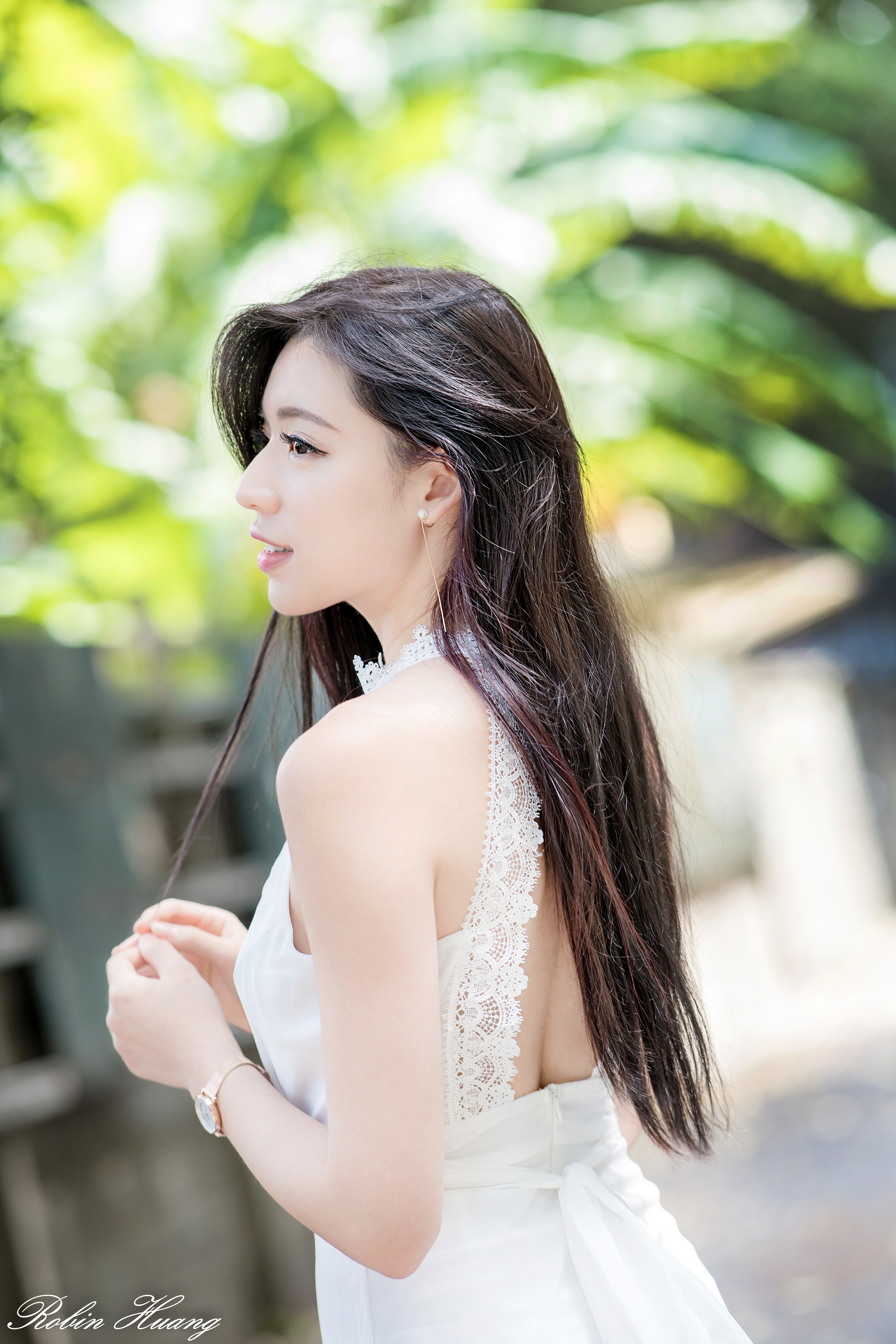 Model Women Brunette Asian White Dress Looking Away Long Hair Holding Hair Depth Of Field Portrait D 2560x3840