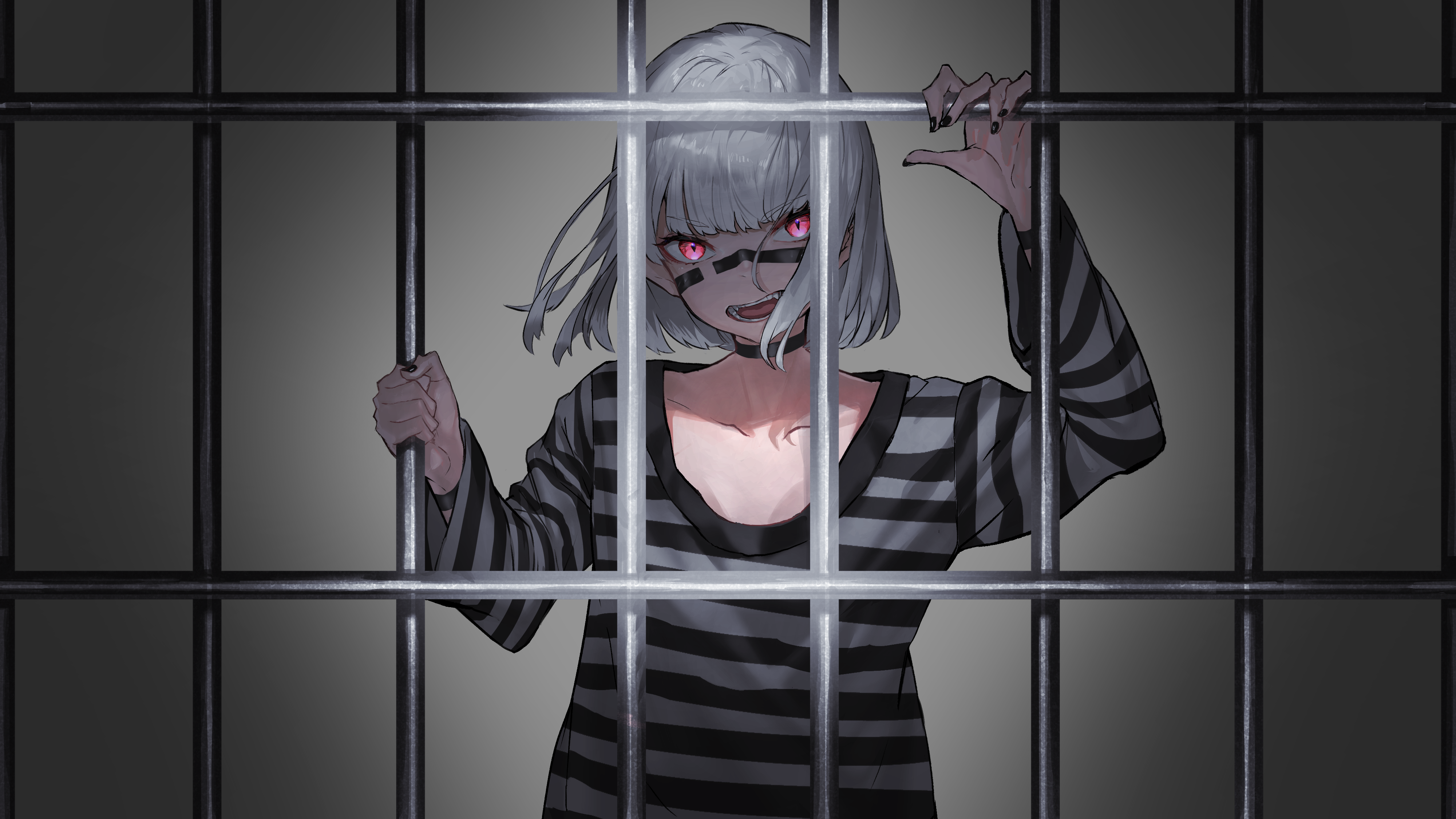 Anime Anime Girls Jail Black Nails Red Eyes Short Hair Looking At Viewer Silver Hair Prisoners Kuron 4000x2250