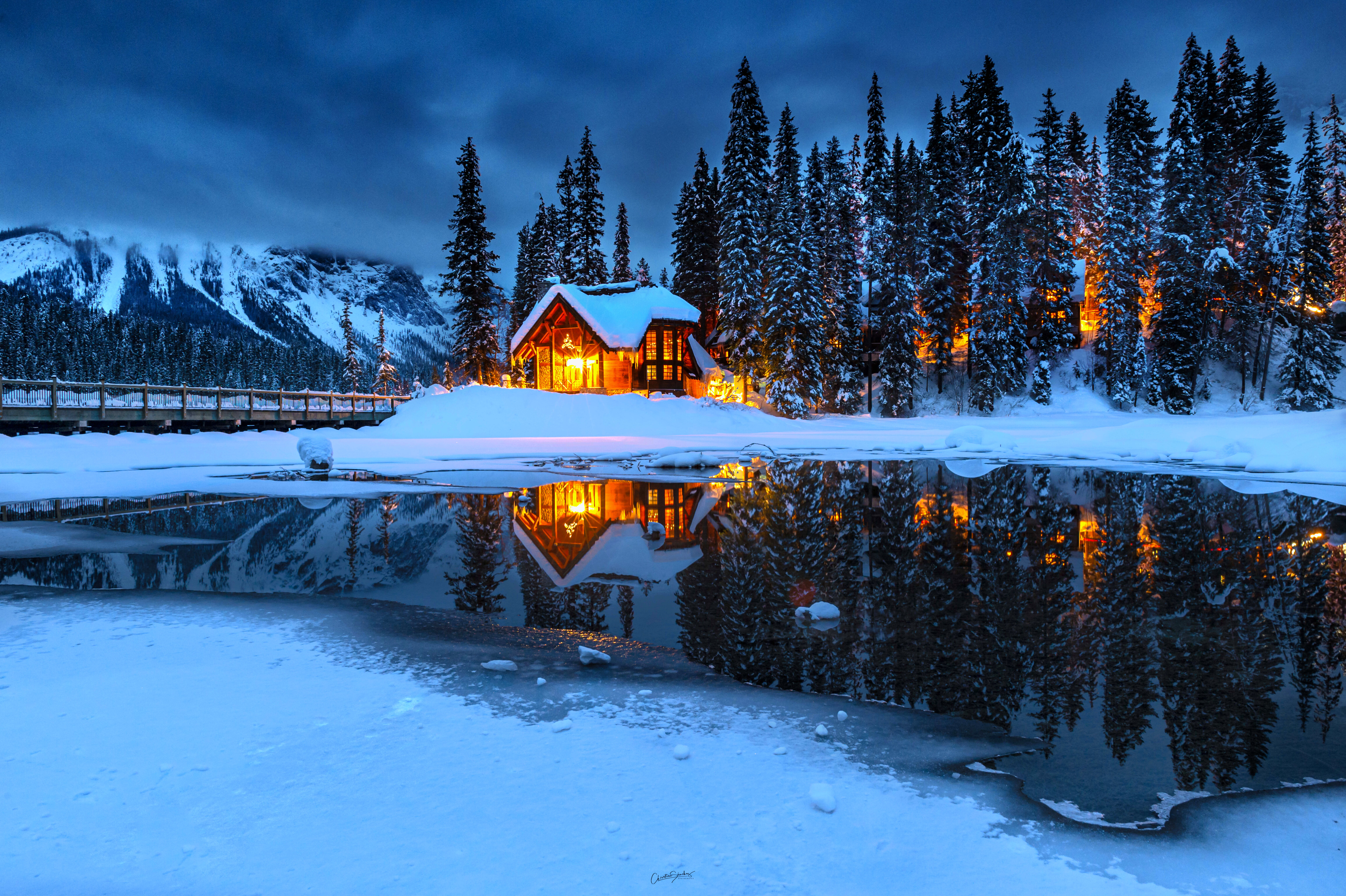 Winter Cabin Night House Lake Water Trees Snow Landscape 6144x4090