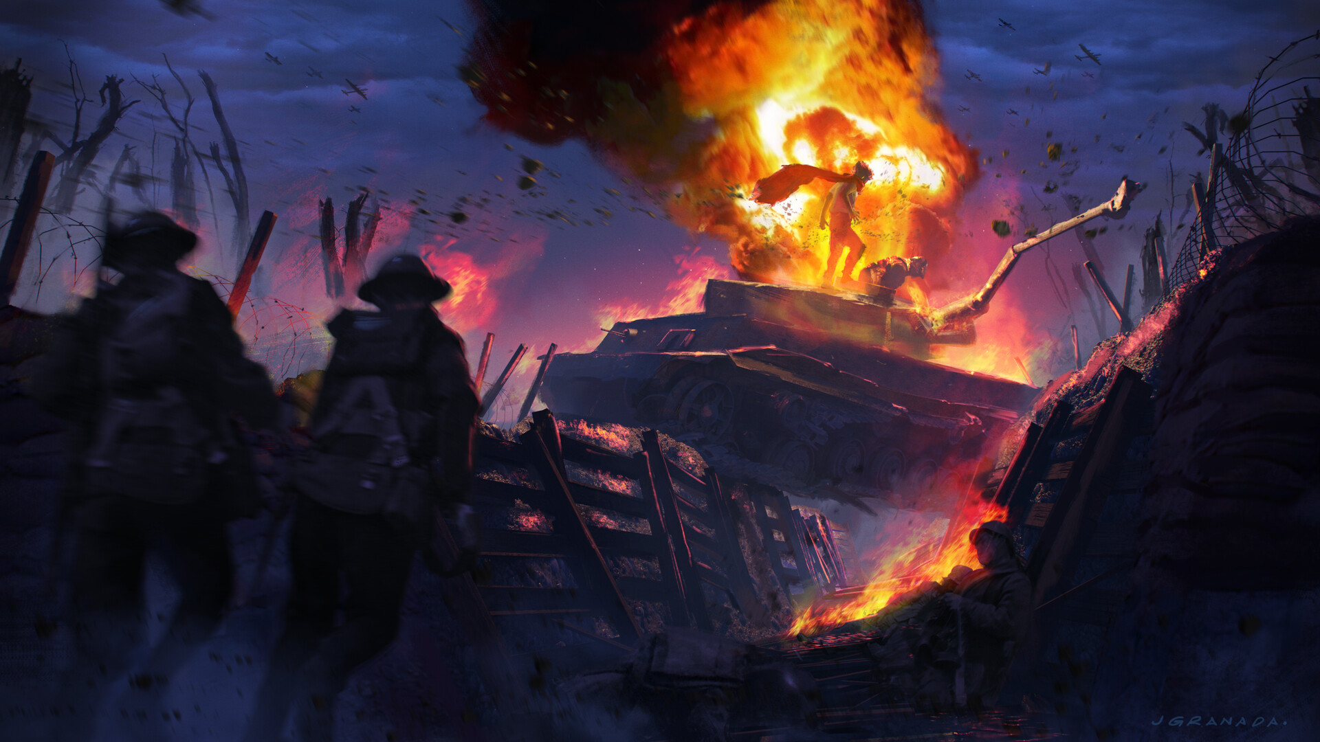 Digital Art Fire War Tank Soldier Evil Trenches 1920x1080