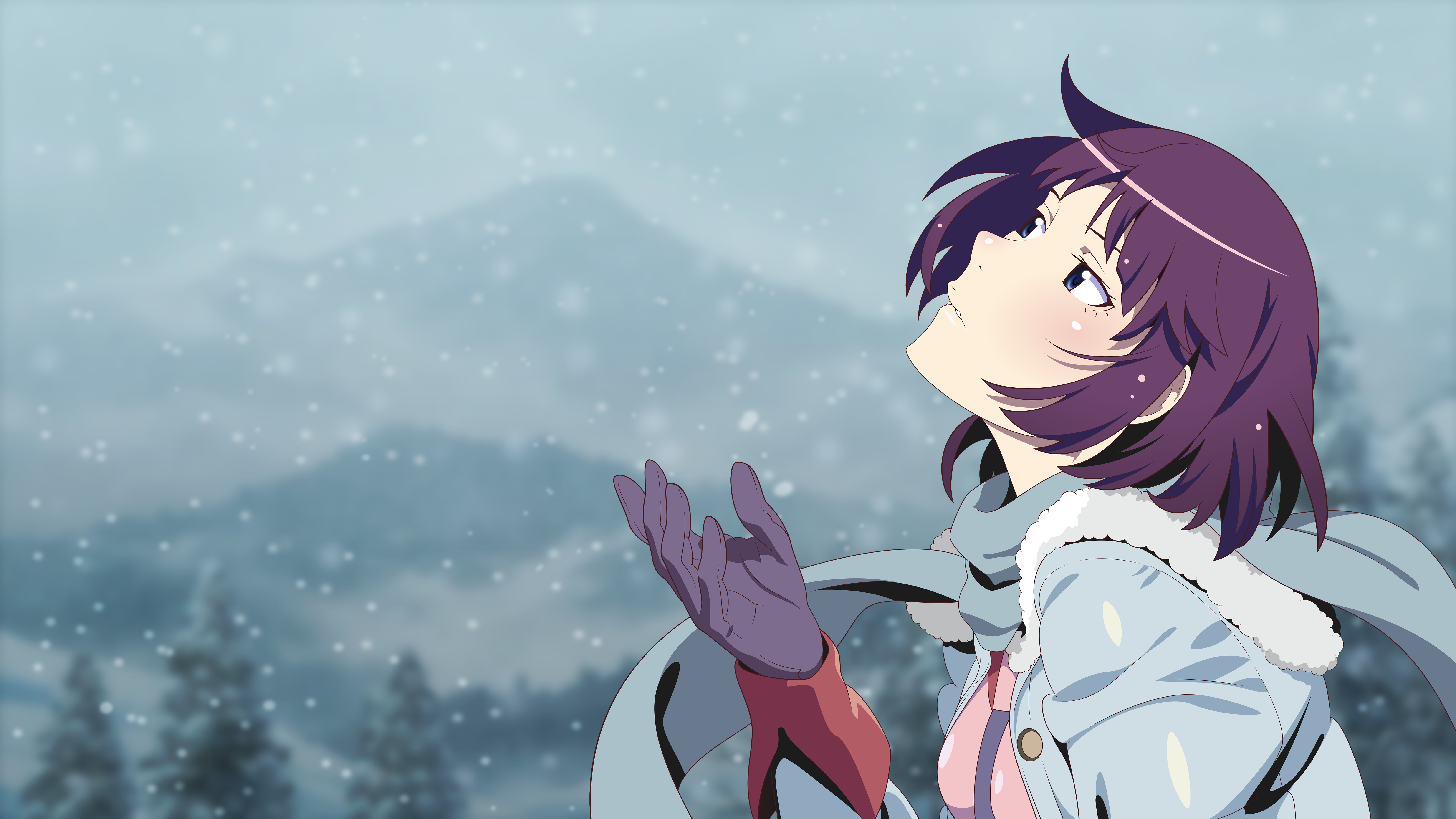 Monogatari Series Senjougahara Hitagi Purple Hair Snow Winter Mountains Anime Anime Girls 6400x3600
