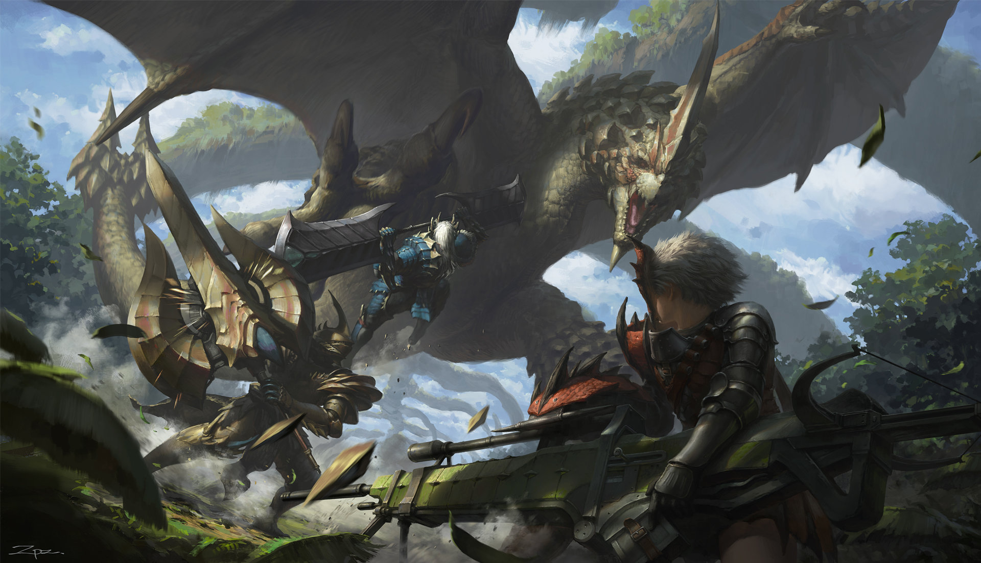 Digital Art Landscape Pengzhen Zhang Monster Hunter Dragon Charge Blade Heavy Bowgun Insect Glaive 1920x1103