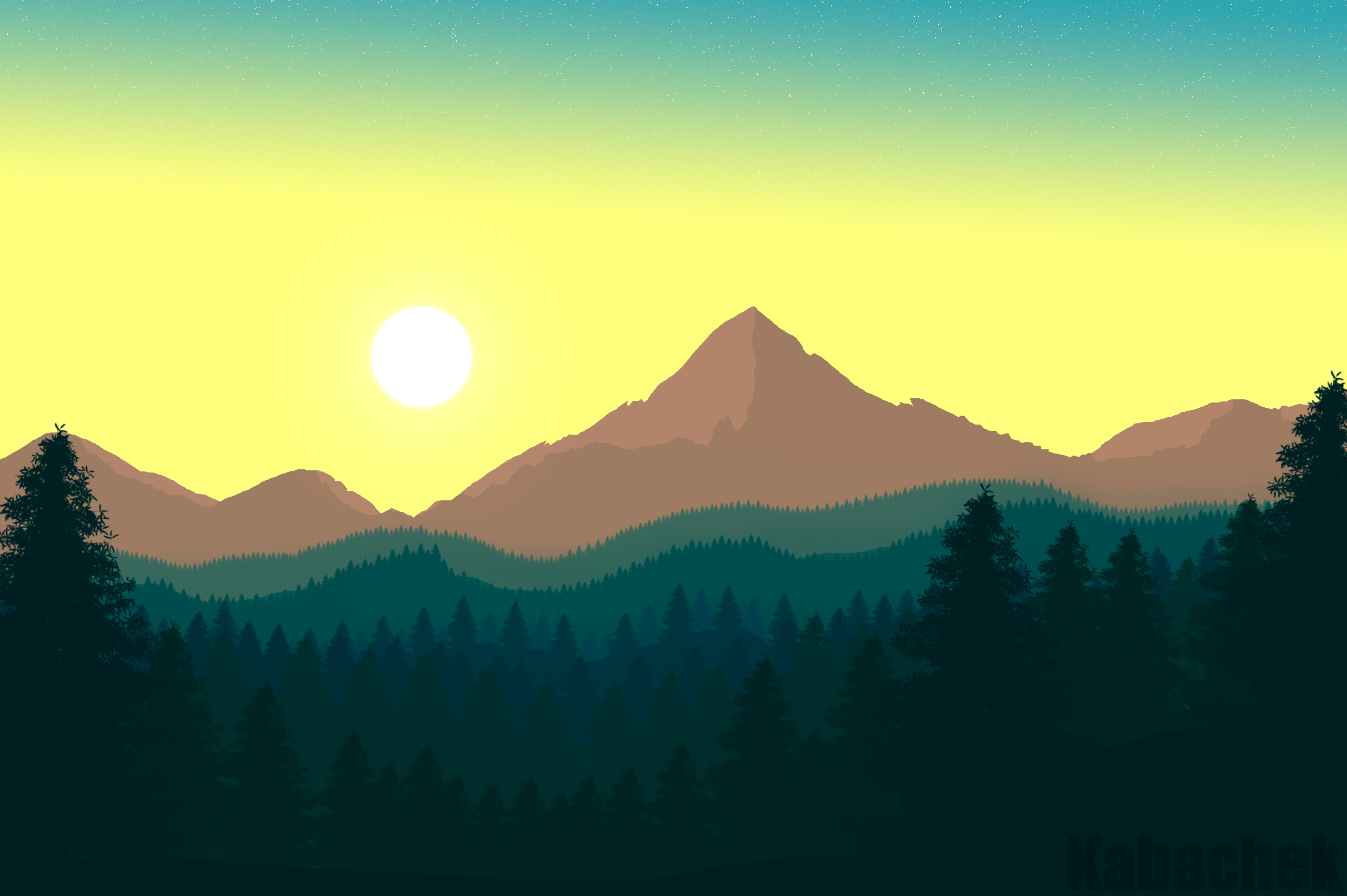 Kabachek 2D Flat Forest Mountains Mountain Top Sunrise Nature CG Digital 2560x1703