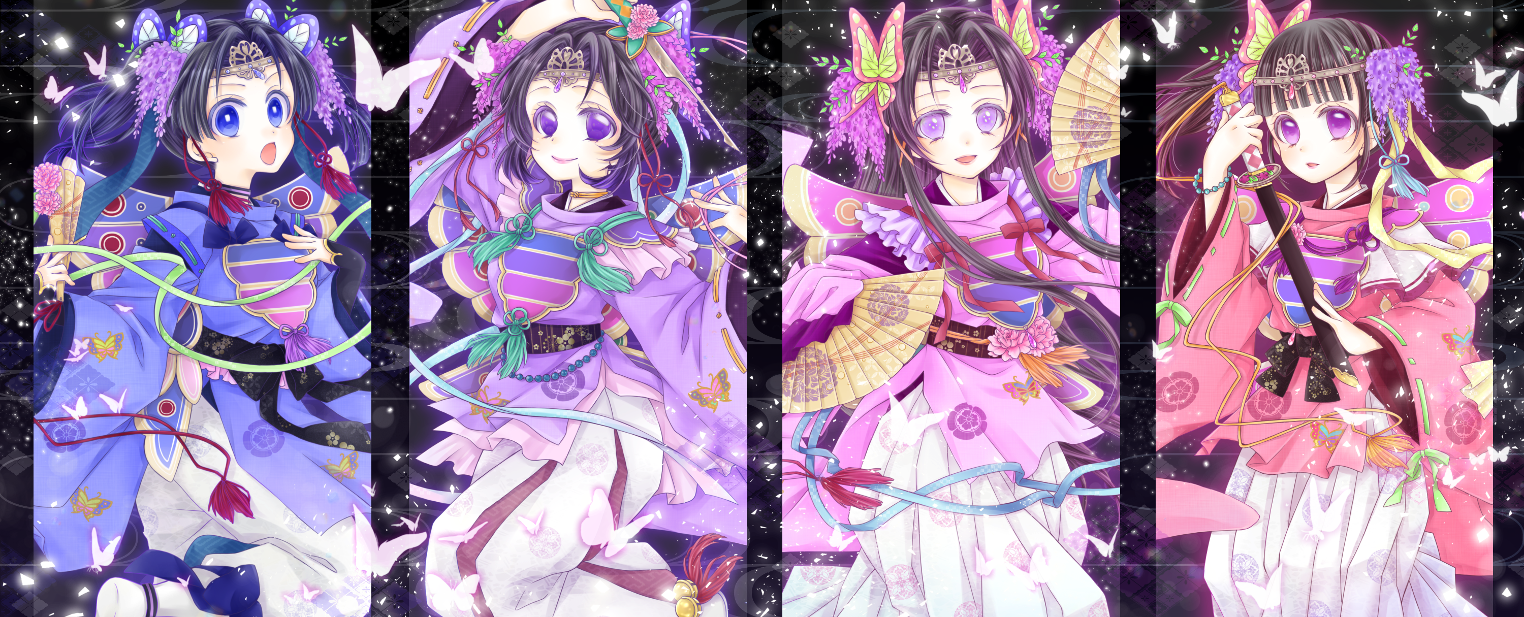 Anime Anime Girls Kimono Japanese Kimono Twintails Long Sleeves Long Hair Black Hair Kimetsu No Yaib 3000x1215