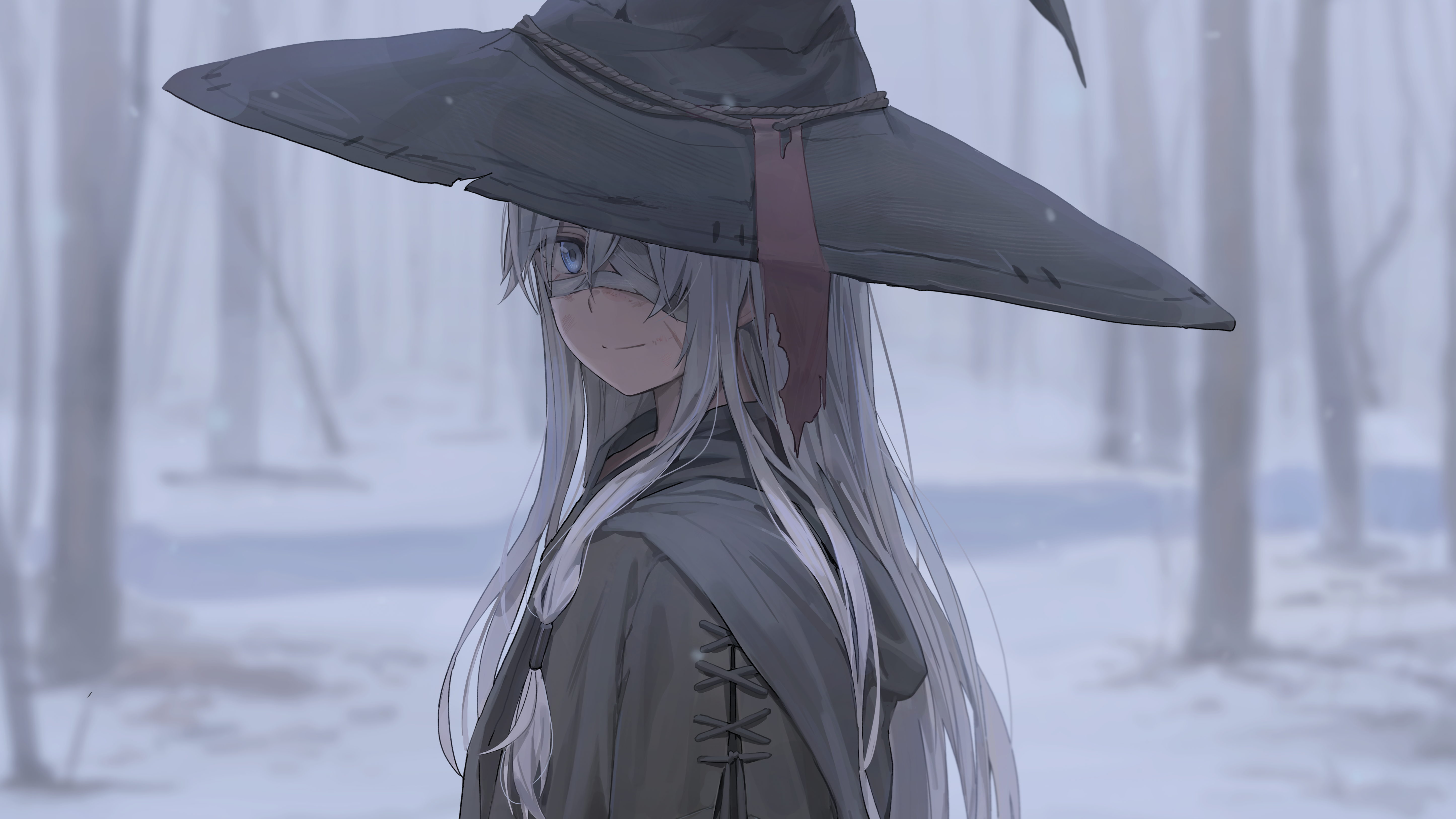 Witch Hat Gray Hair Blue Eyes Witch Hat Silver Hair Long Hair Anime Anime Girls Smiling Winter Depth 5784x3254