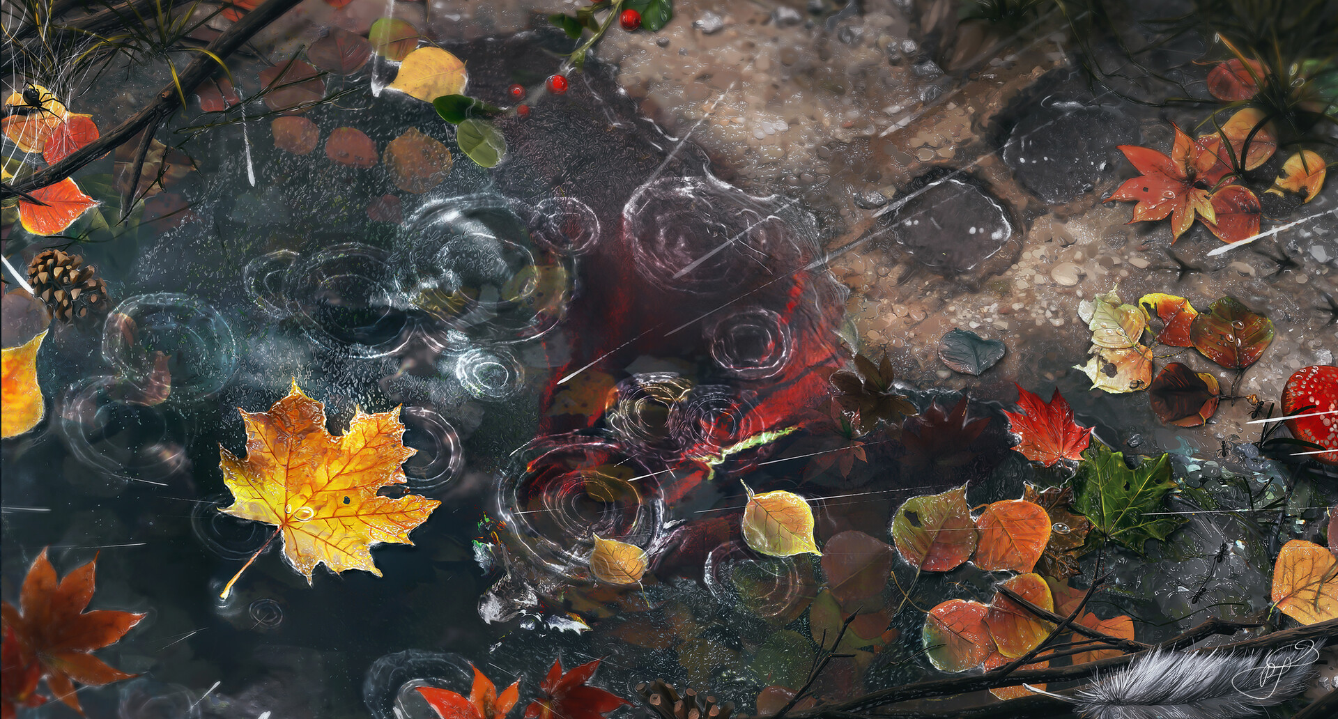 Max Suleimanov Digital Art Fall Leaves Rain 1920x1032