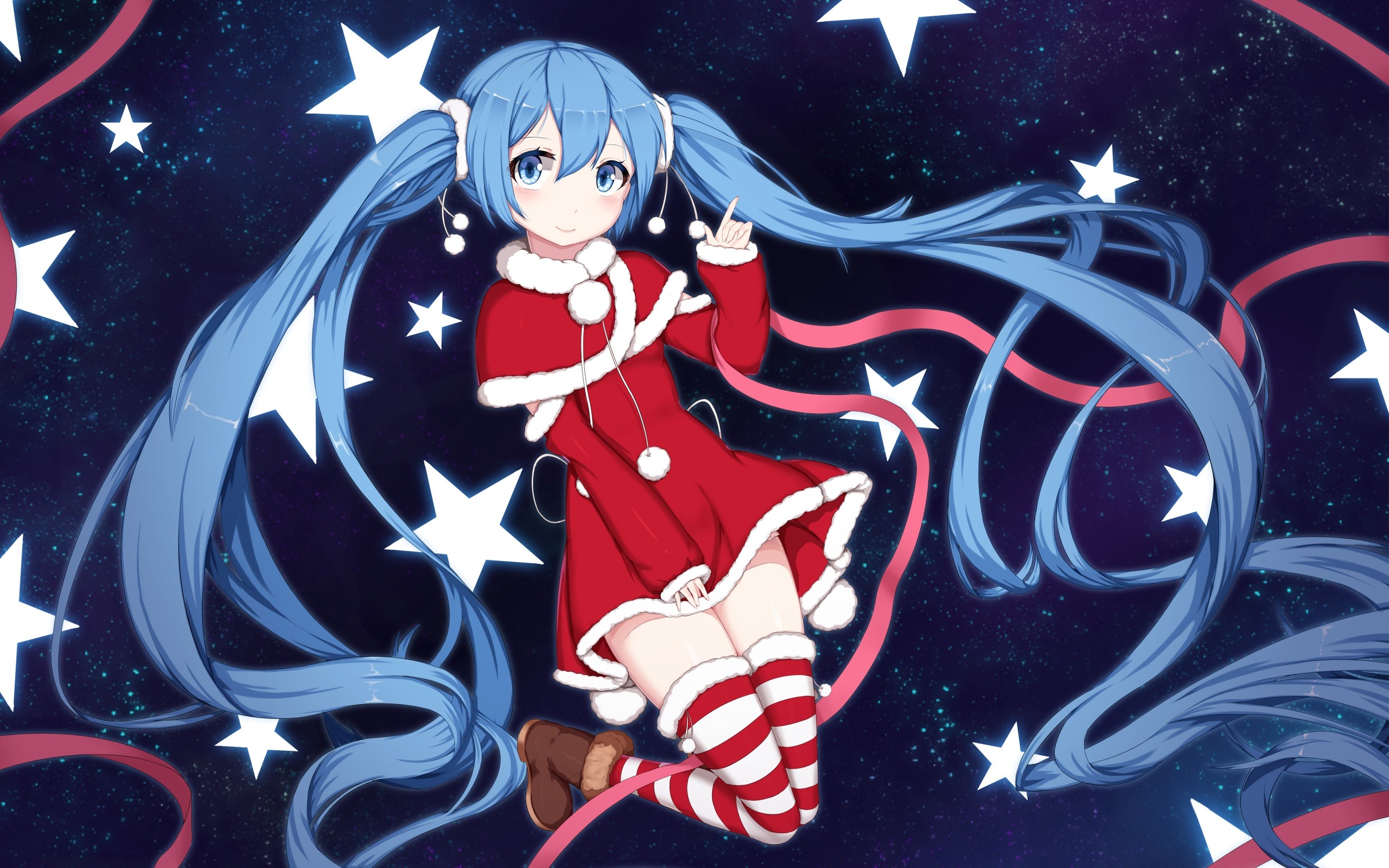 Blue Hair Red Dress Anime Anime Girls Christmas Striped Stockings Looking At Viewer Stars Long Hair  2560x1600