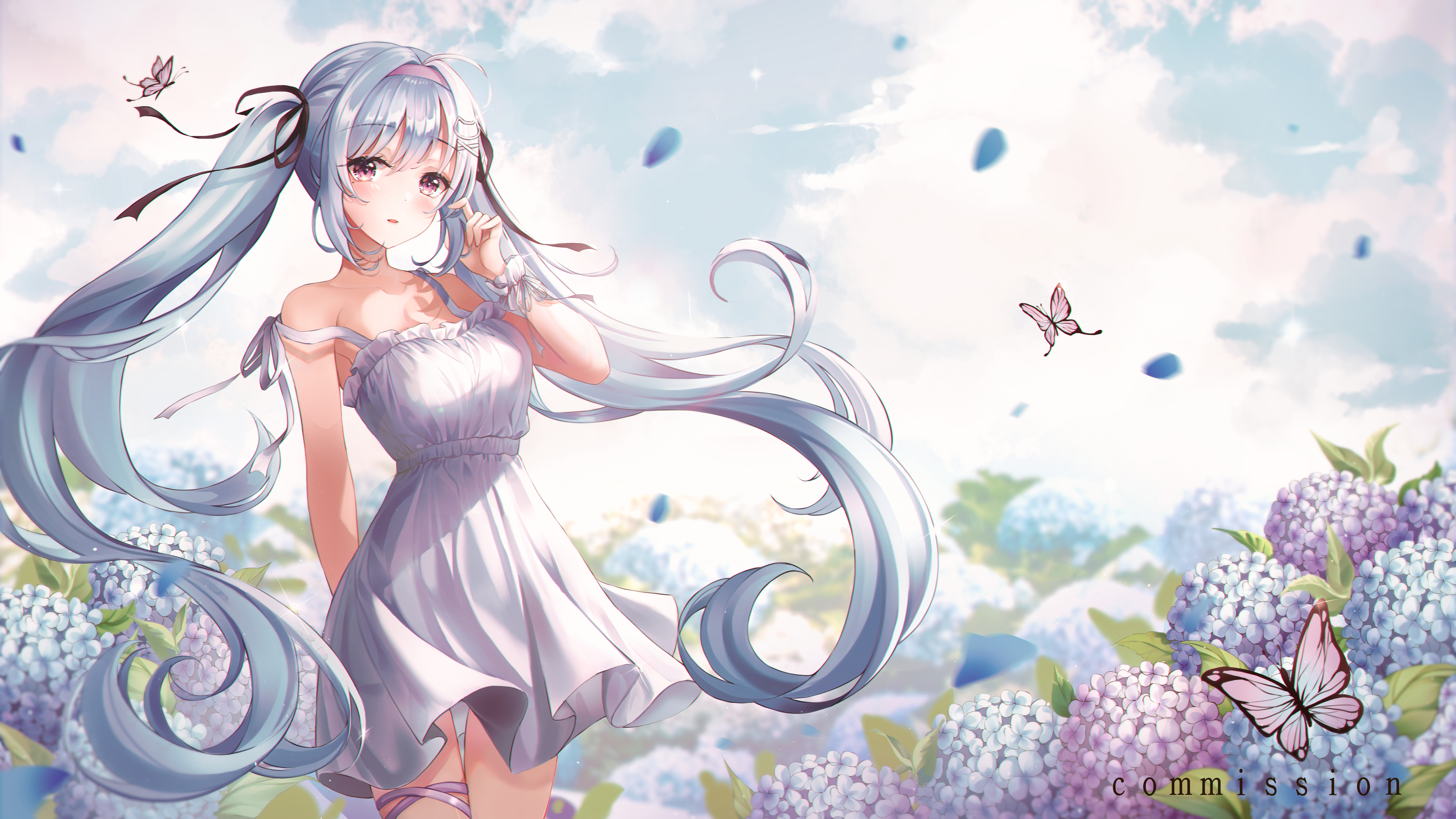 Anime Anime Girls Looking At Viewer Dress Long Hair Flowers Plants Blue Hair Butterfly Insect Women  5760x3240