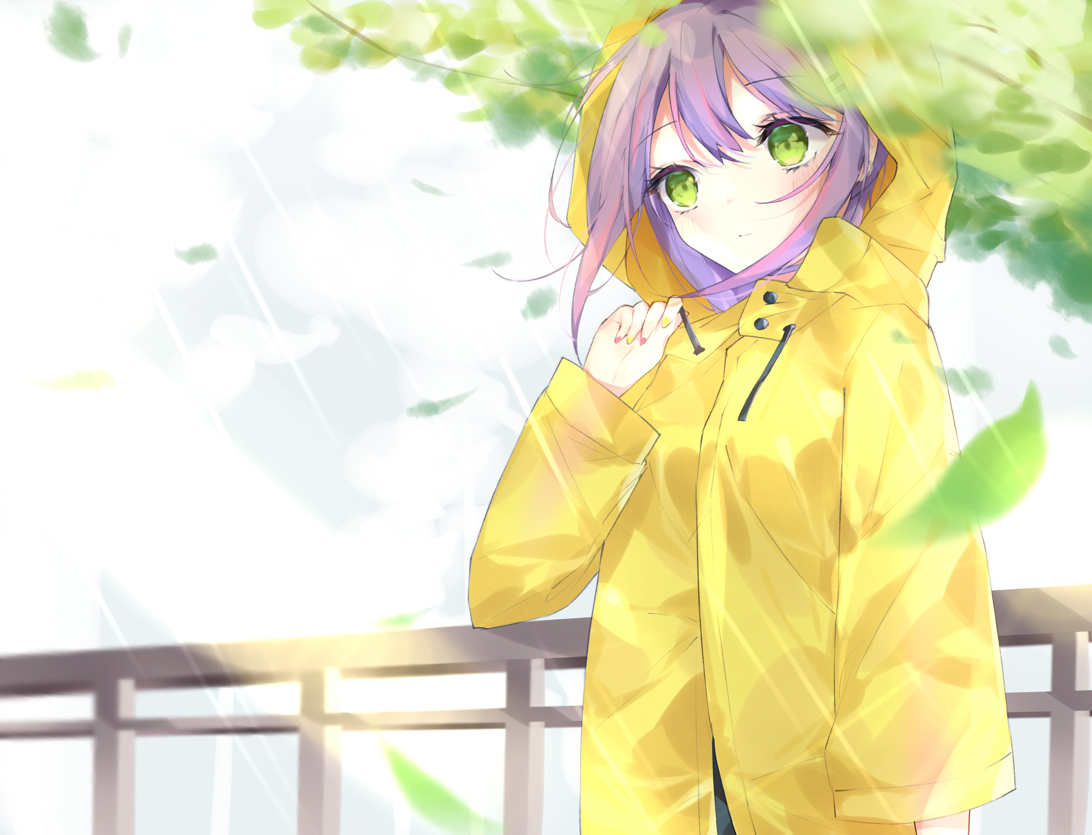 2D Anime Anime Girls Digital Art Digital Purple Hair Rain Raincoat Green Eyes Shy Women Outdoors Out 3513x2687