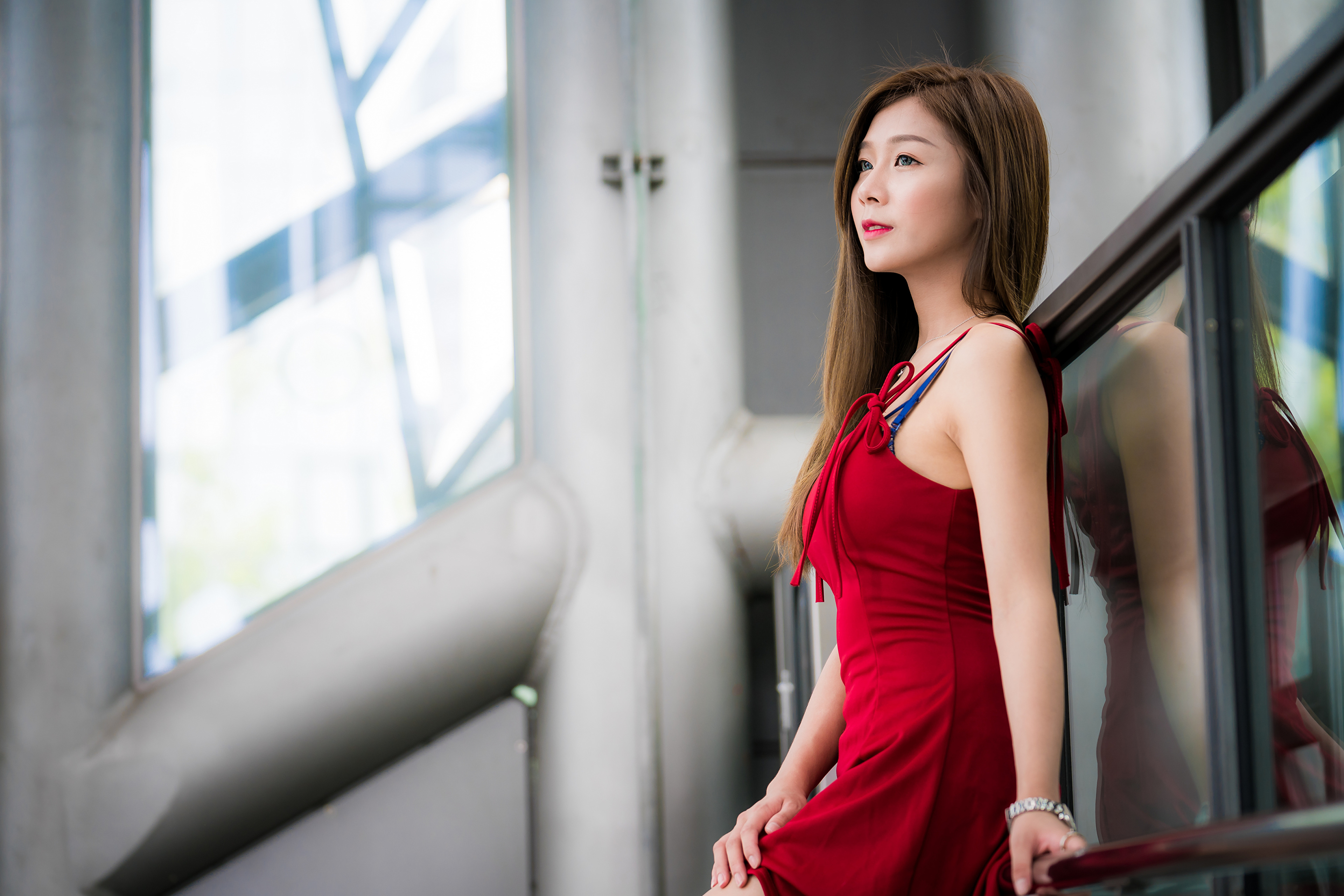 Brunette Long Hair Model Red Dress 3840x2561