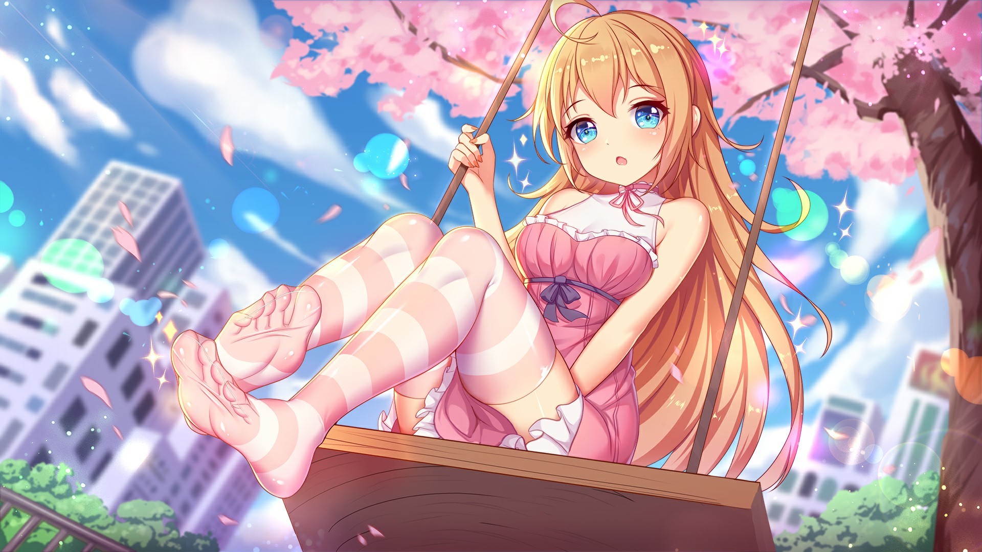 Looking At Viewer Anime Girls Long Hair Open Mouth Thigh Highs Dress Cherry Blossom Blonde Blue Eyes 1920x1080