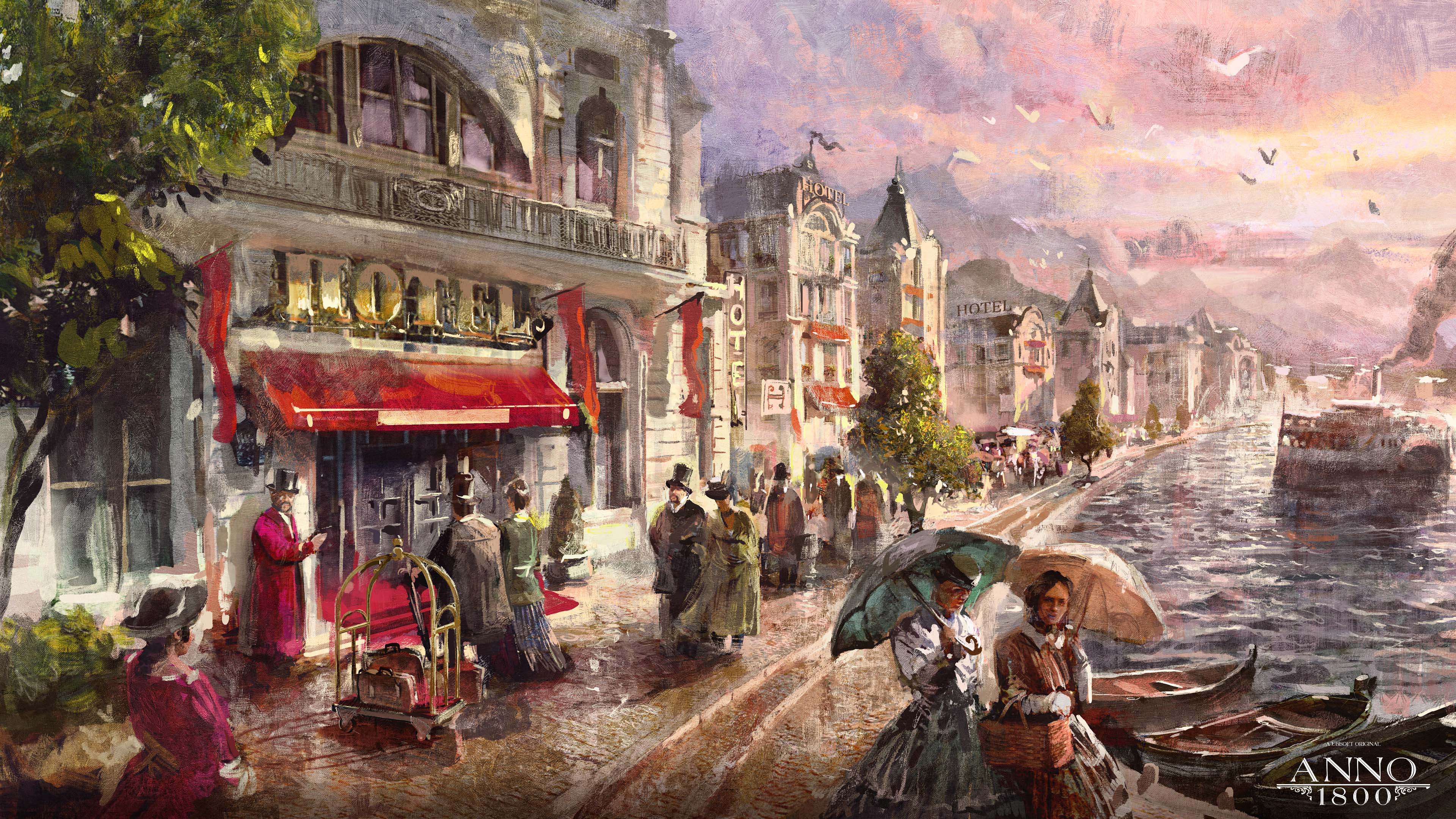 Anno 1800 1800s Digital Art Concept Art Artwork Ubisoft Hotel Tourist Canal Umbrella Riverside Citys 3840x2160