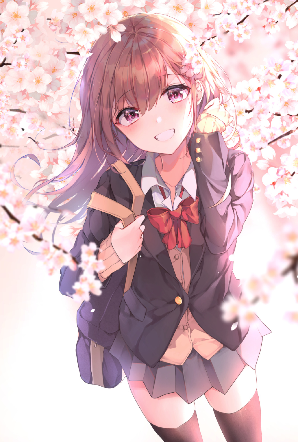 Anime Anime Girls School Uniform Thigh Highs Cherry Blossom Grin Brunette Purple Eyes Bara Artwork 1024x1516