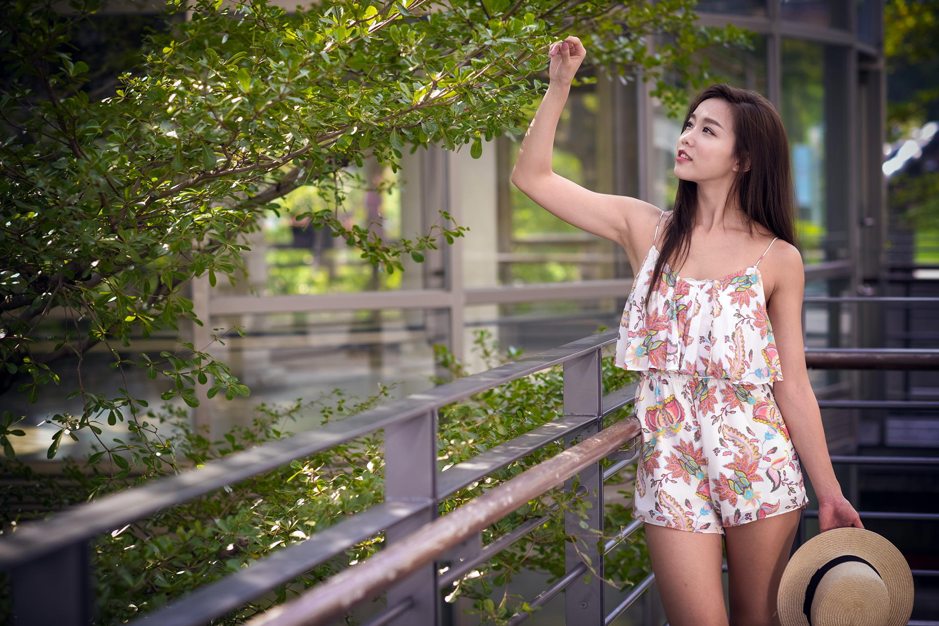 Asian Model Women Long Hair Dark Hair Straw Hat Trees Depth Of Field Shorts Shirt Railings Branch Le 1920x1280