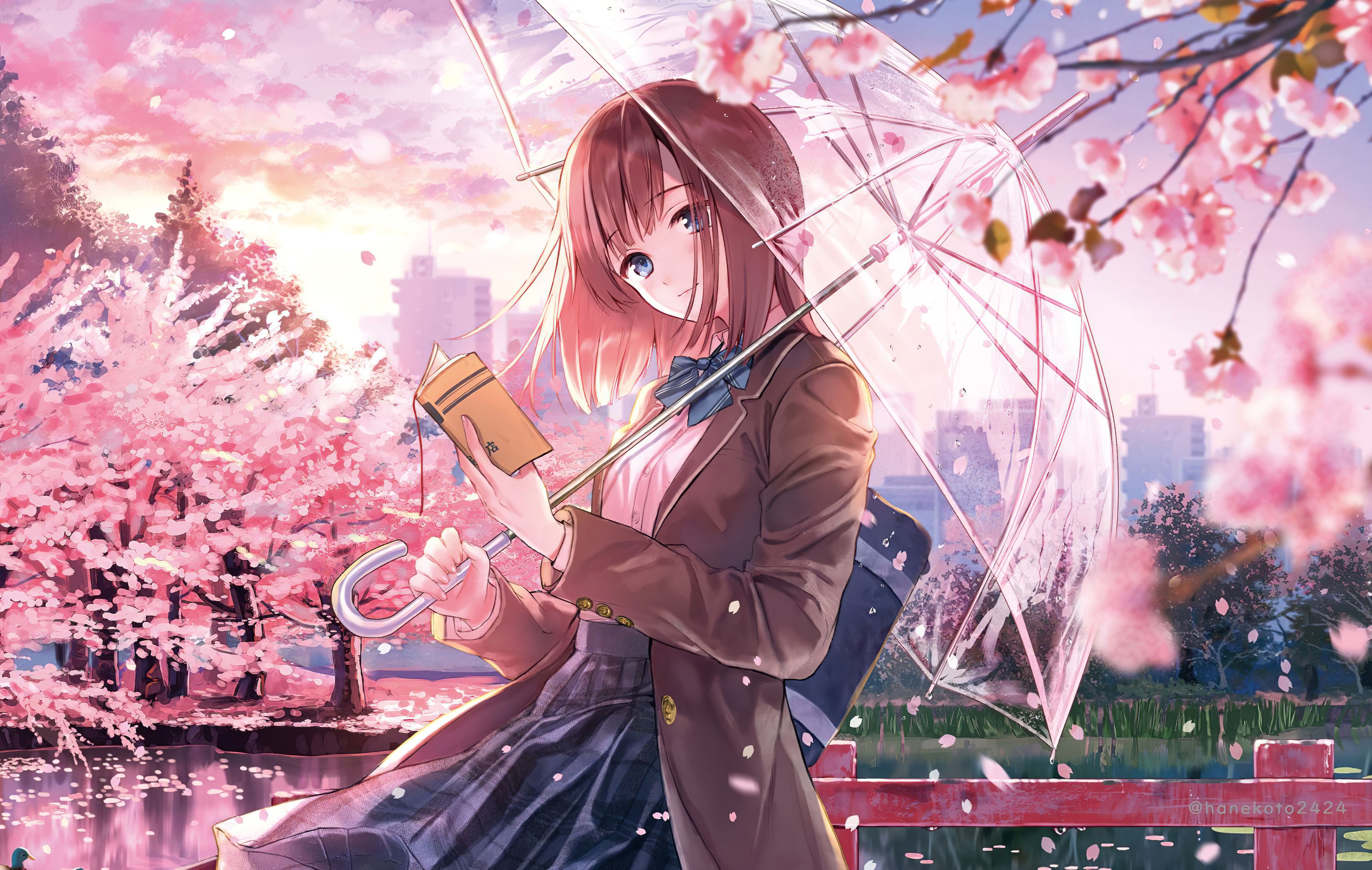 Anime Anime Girls Umbrella Flowers Cherry Blossom School Uniform Brunette Blue Eyes Artwork Hanekoto 5120x3246