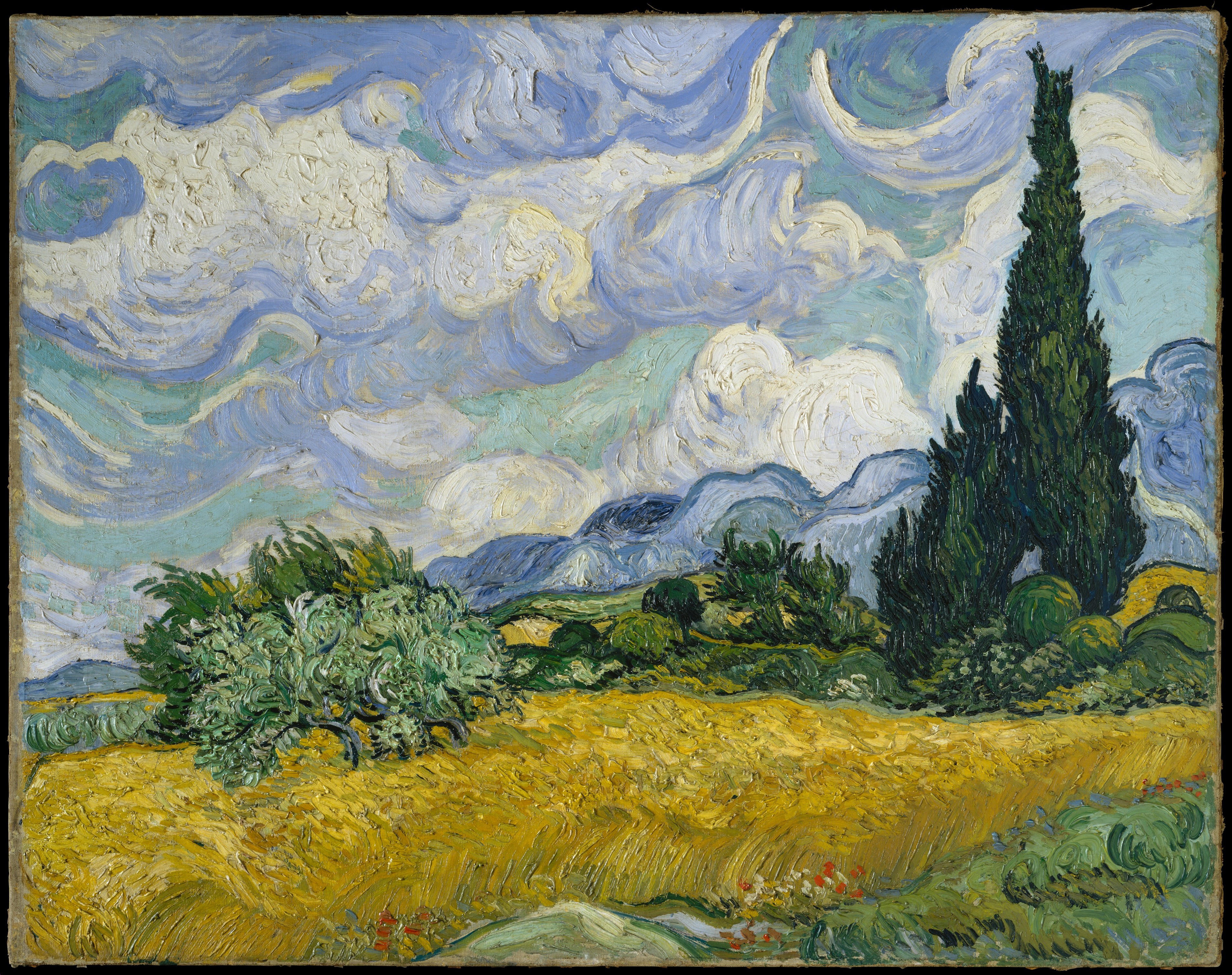 Traditional Artwork Vincent Van Gogh Provence Field Trees Clouds Sky Painting 3811x3016
