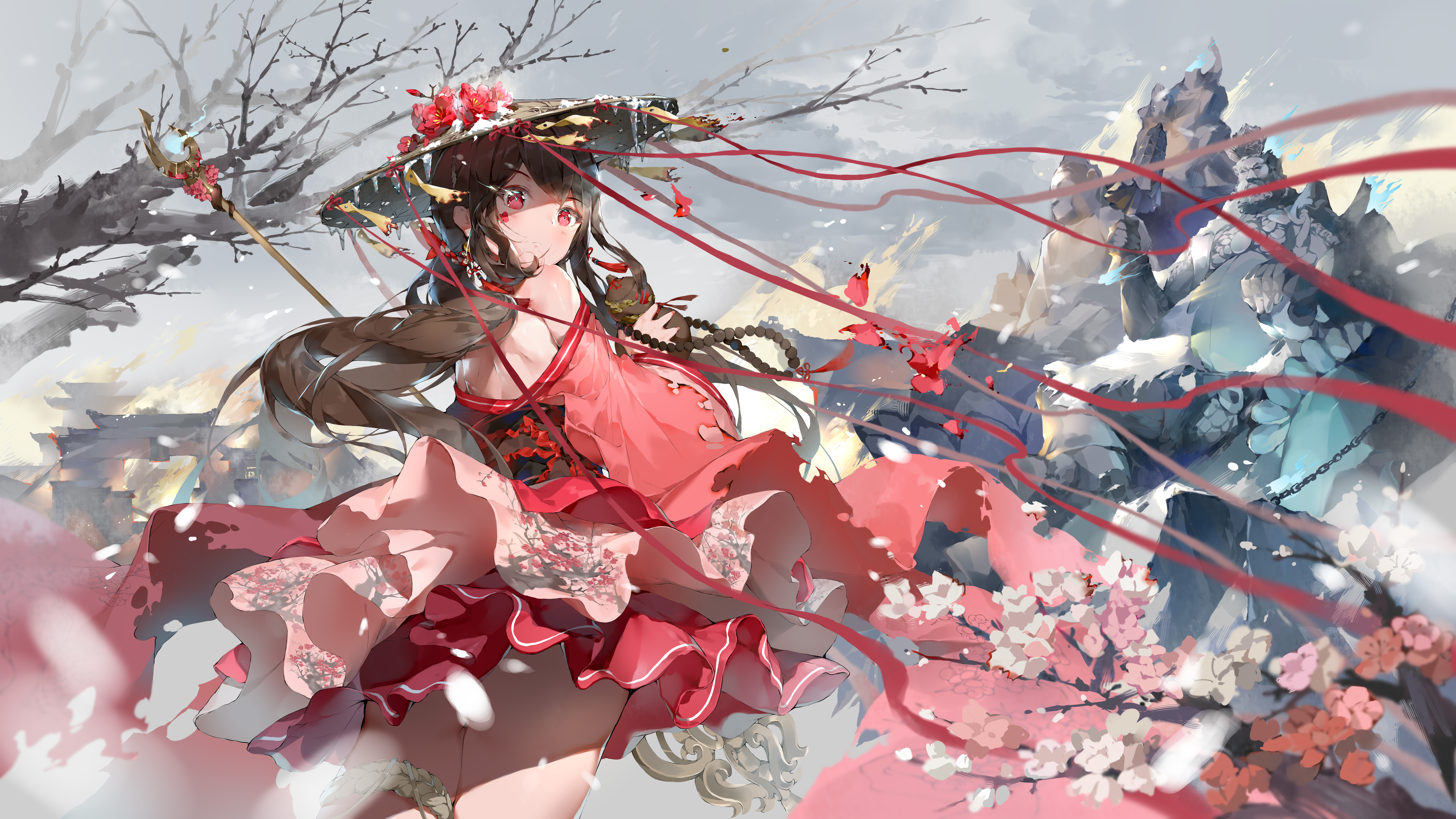 Anime Anime Girls Red Eyes Petals Bare Shoulders Brunette Long Hair Hat Artwork Bodhi Wushushenghua 8640x4860