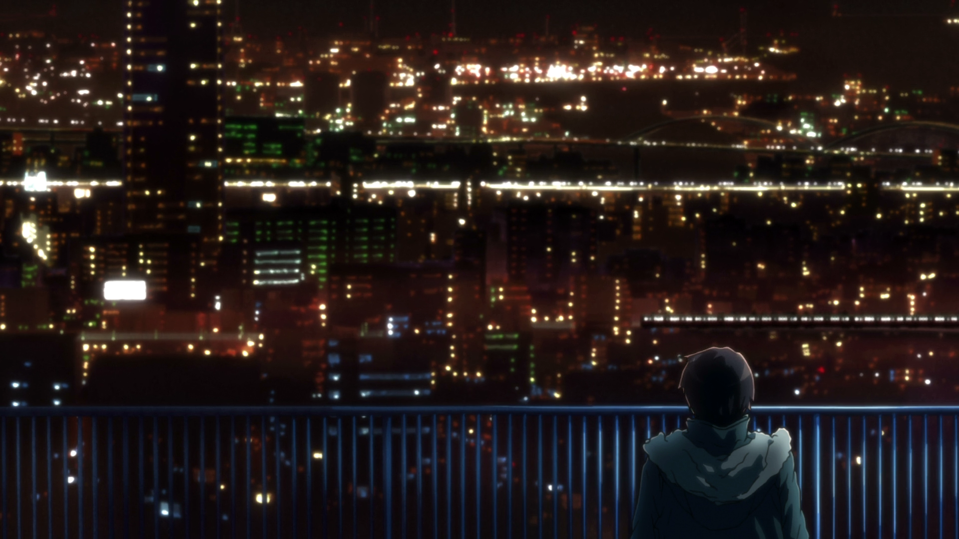 Kyon The Disappearance Of Haruhi Suzumiya City City Lights Fence Train Cityscape 1920x1080