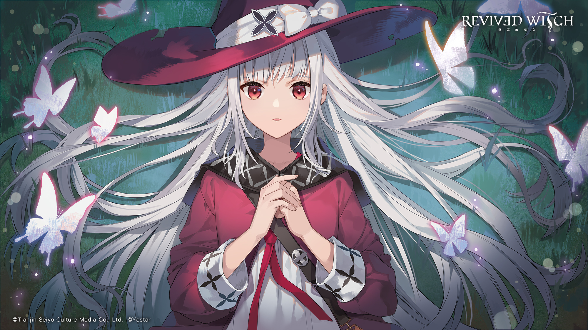 Anime Anime Girls Revived Witch Witch Hat Red Eyes Gray Hair Butterfly Witch Revived Witch 2000x1125