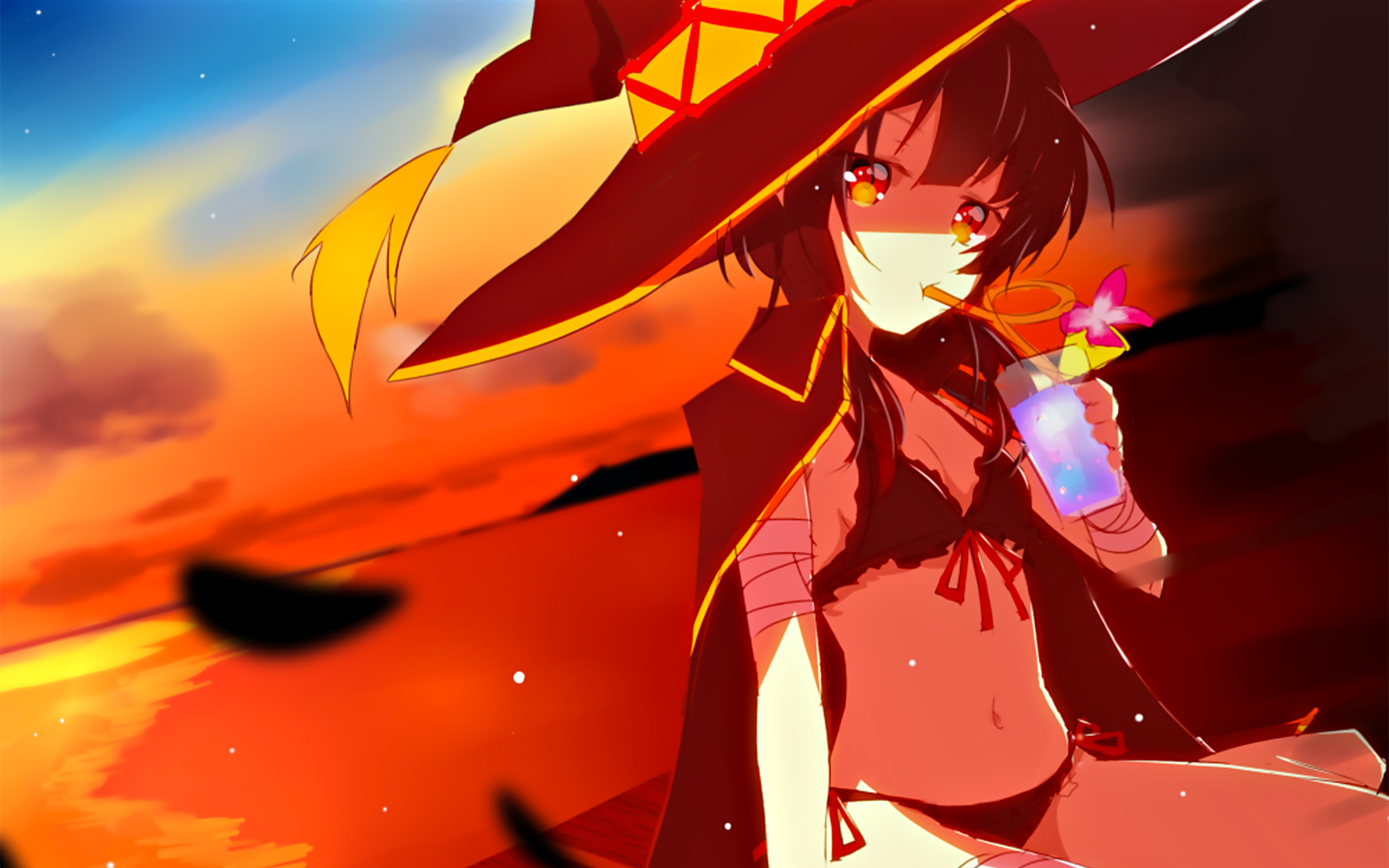Anime Anime Girls Fan Art Digital Art Artwork Witch Brunette Beach Sea Sunset Witch Hat Sky Drinking 2560x1600