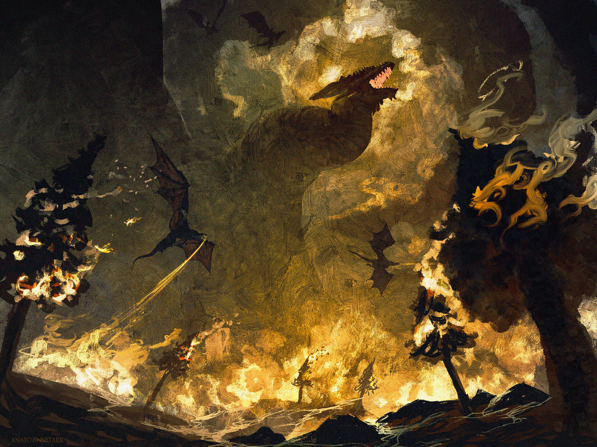 Anato Finnstark Artwork ArtStation Fantasy Art Dragon Creature Fire Burning 1920x1440