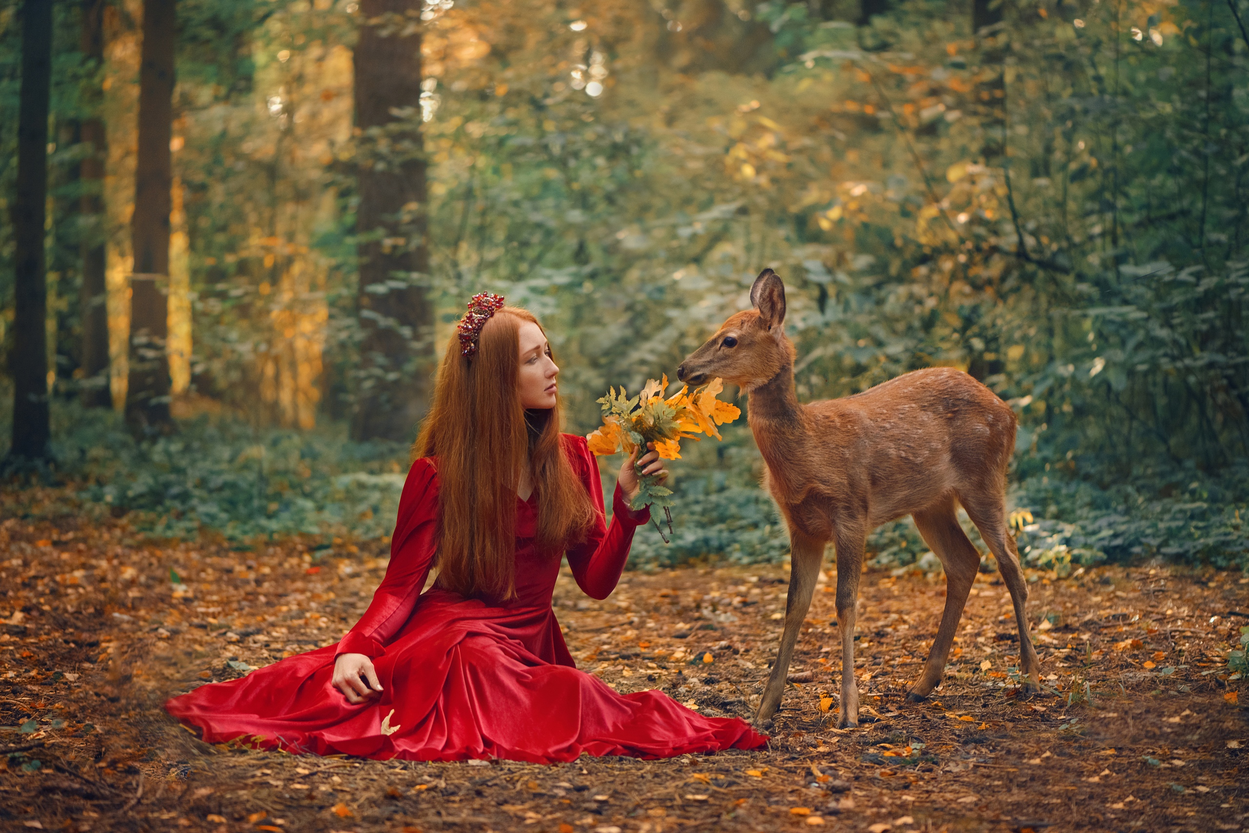 Women Model Redhead Profile Forest Dress Red Dress Depth Of Field Deer Outdoors Women Outdoors Anast 2560x1709