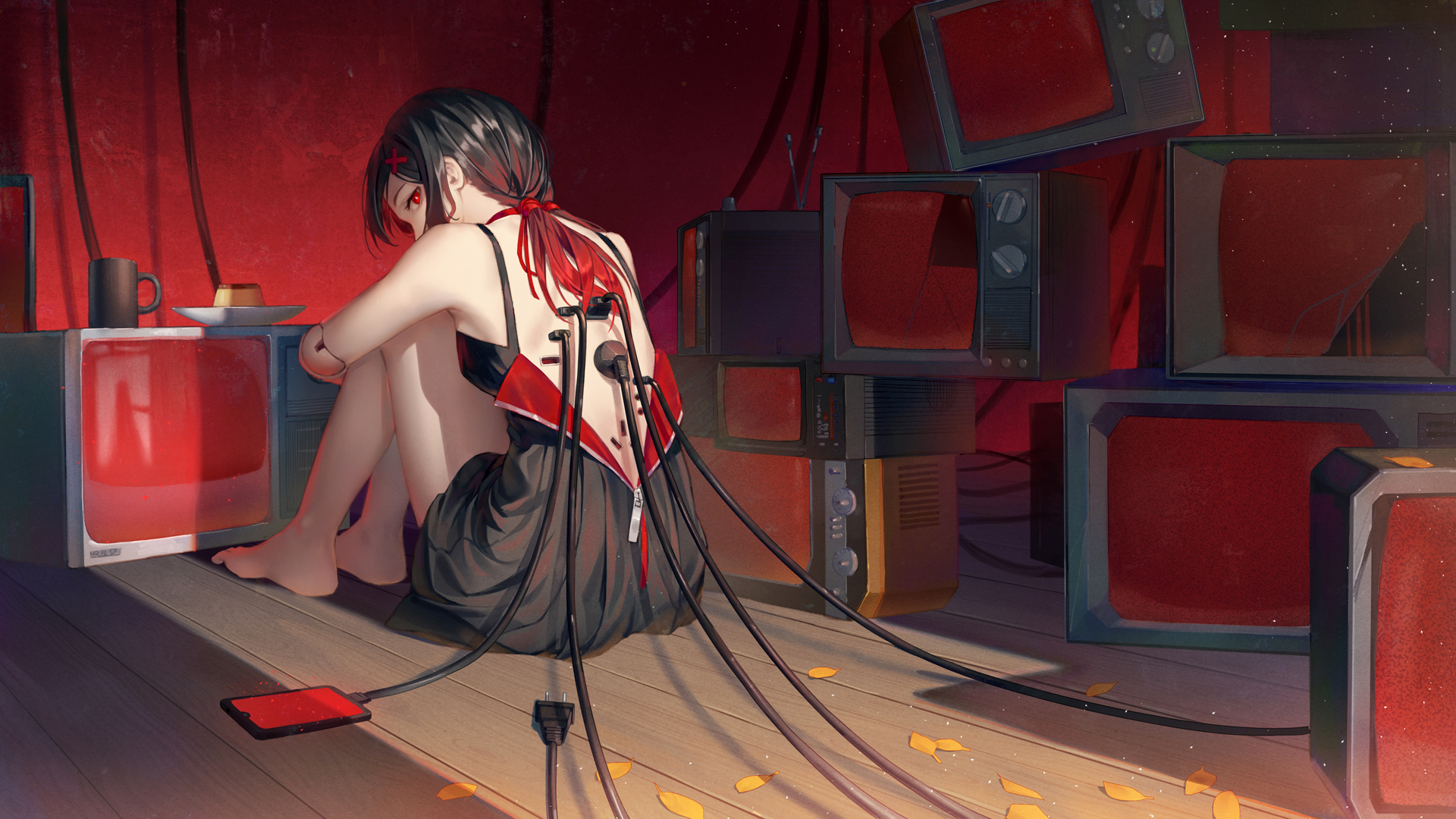 Anime Anime Girls Smartphone Long Hair Red Eyes Barrette Petals Dust TV Television Sets Cup Cyborg L 1920x1080