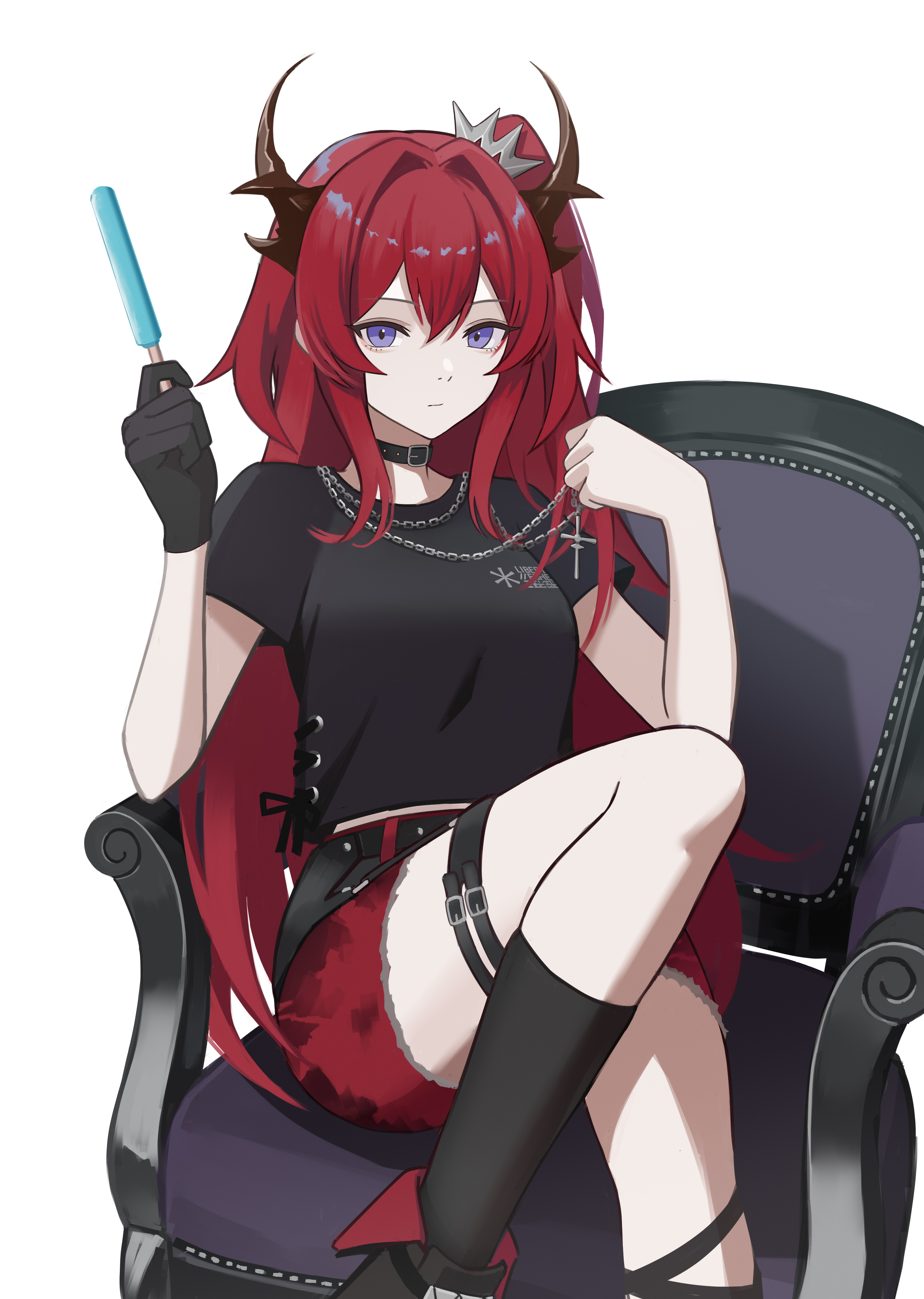 Looking At Viewer Digital Digital Art Anime Anime Girls Redhead Purple Eyes Horns Popsicle Chair 3362x4725