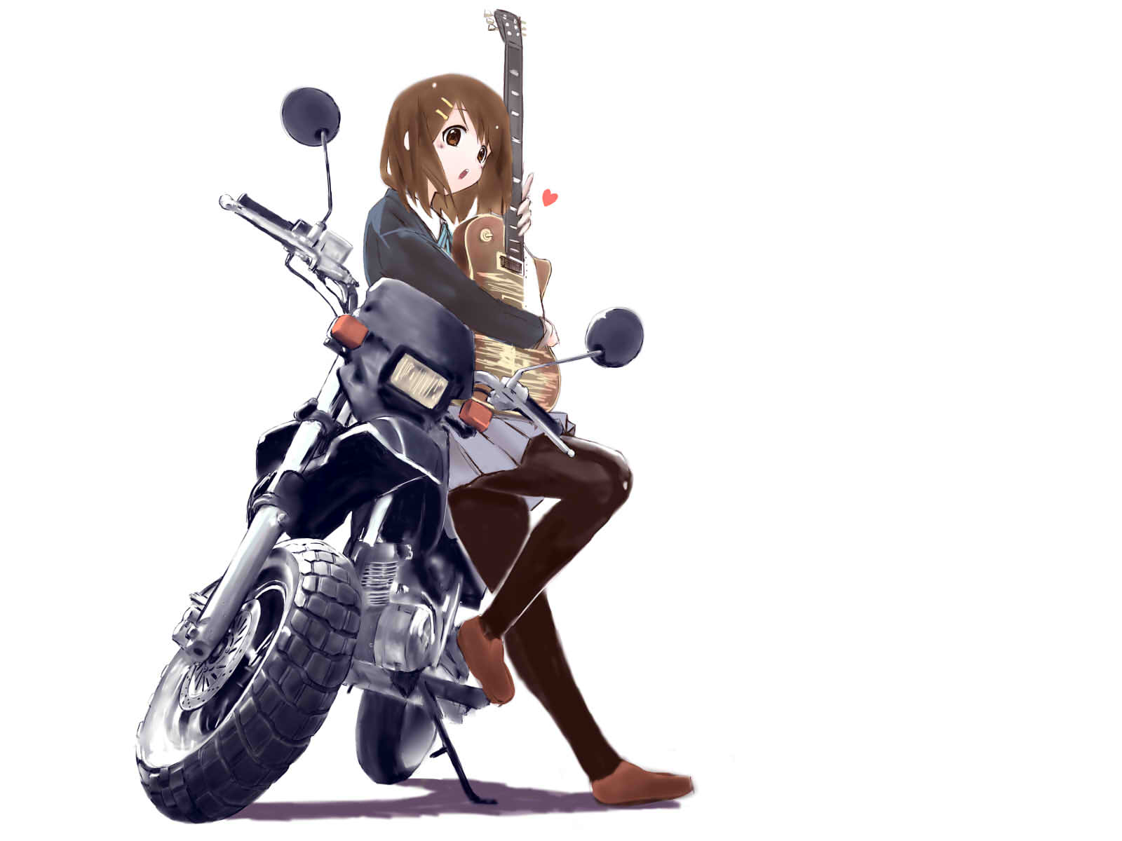 K ON Hirasawa Yui Motorcycle Vehicle Women Guitar Women With Motorcycles Musical Instrument Brunette 1600x1200