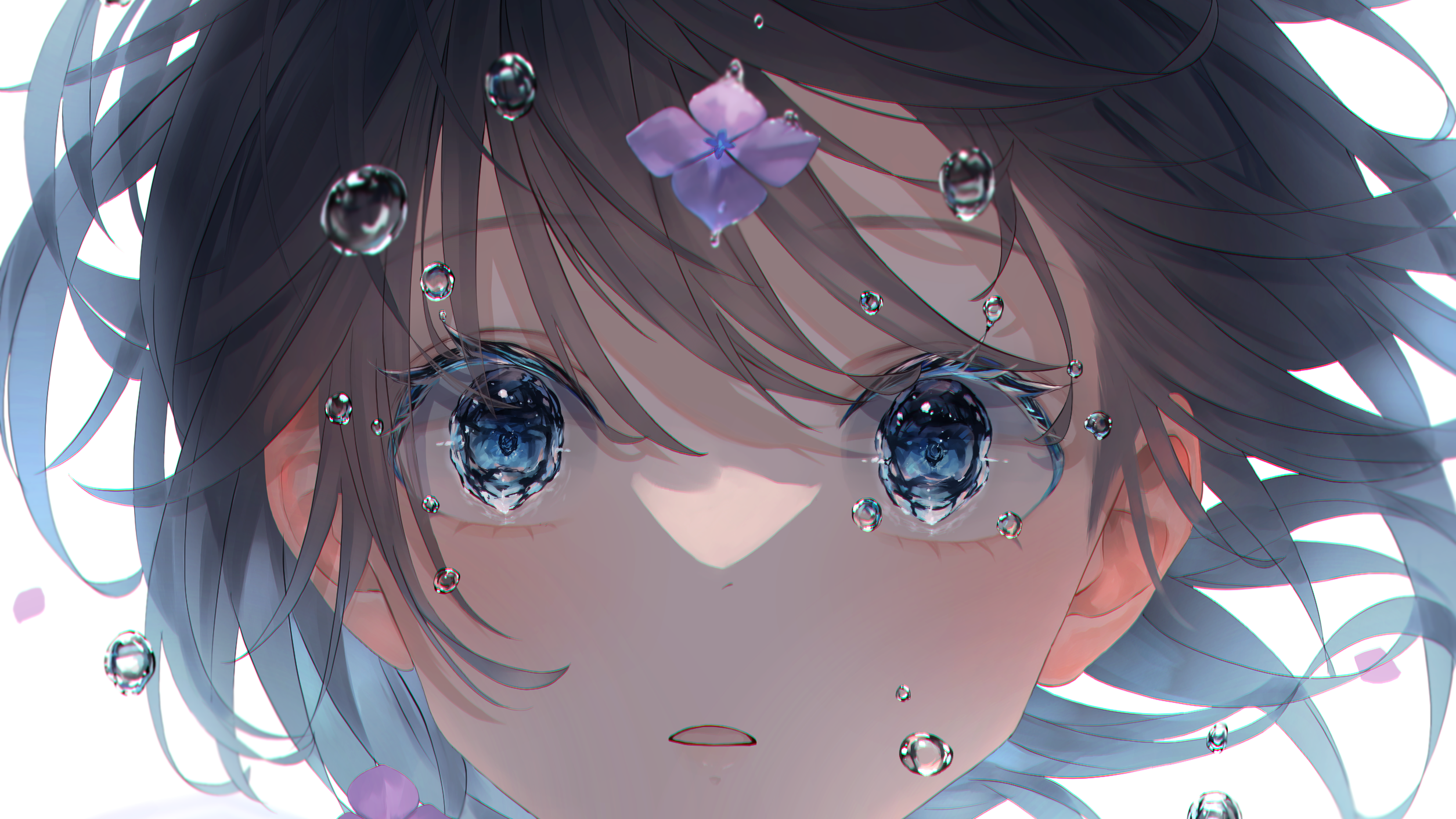 Water Drops Flowers Bubbles Blue Eyes Brunette Anime Girls Cropped Artwork Nenya Oekaki 2508x1411