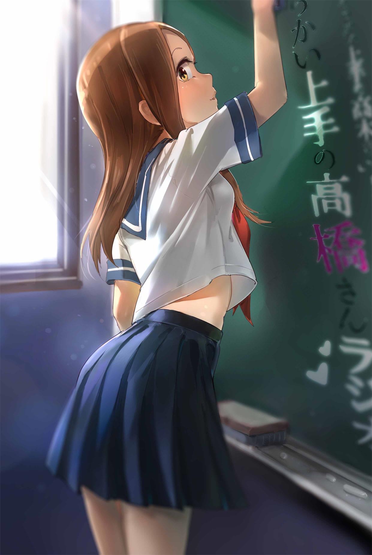Anime Girls Schoolgirl School Uniform Skirt Classroom Brunette XiaoYu Artist Artwork Karakai Jouzu N 1241x1851